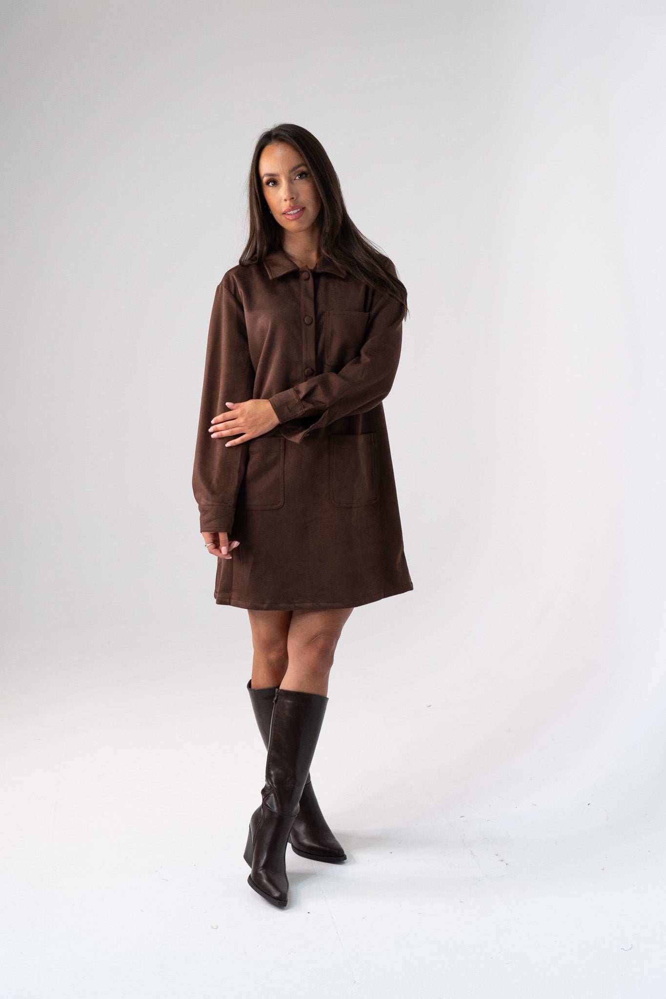 Kendra Faux Suede Shirt Dress In Chocolate