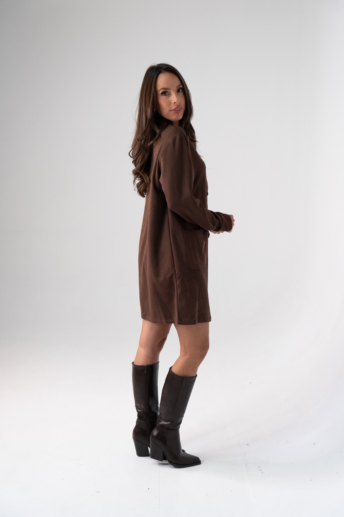 Kendra Faux Suede Shirt Dress In Chocolate