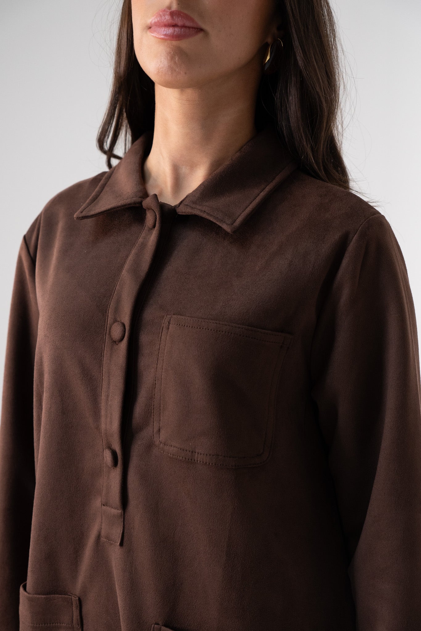 Kendra Faux Suede Shirt Dress In Chocolate