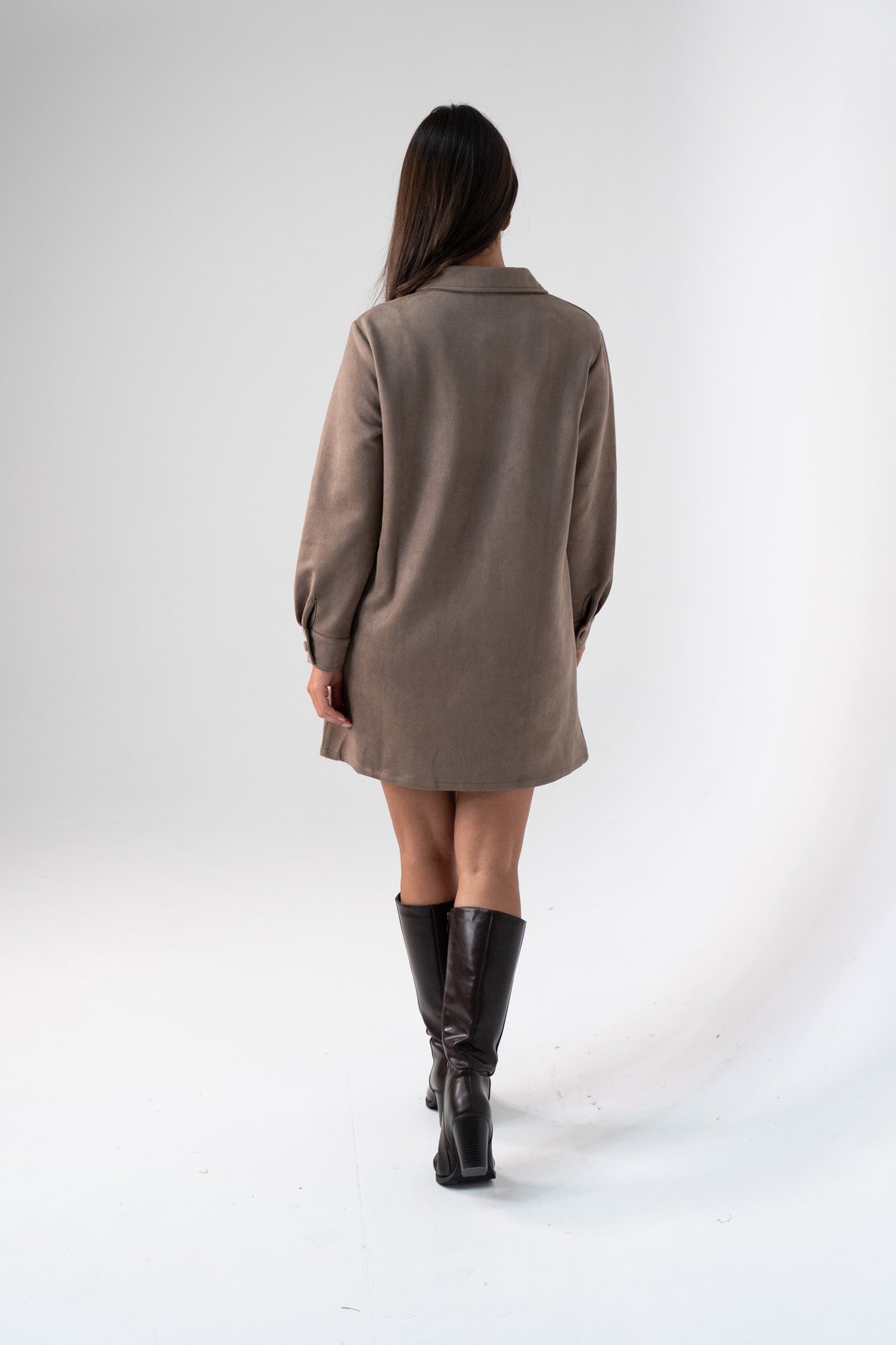 Kendra Faux Suede Shirt Dress In Taupe