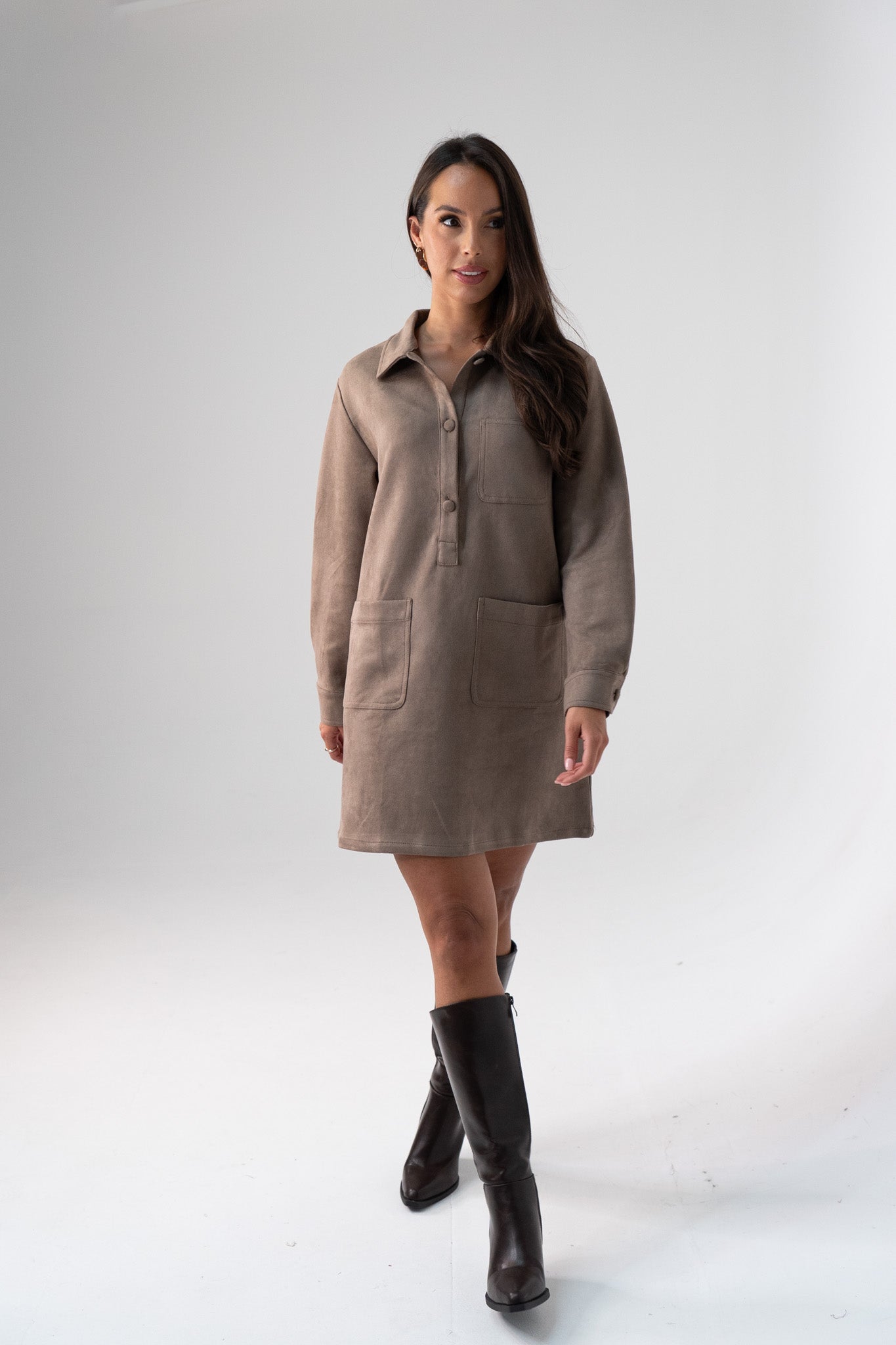 Kendra Faux Suede Shirt Dress In Taupe