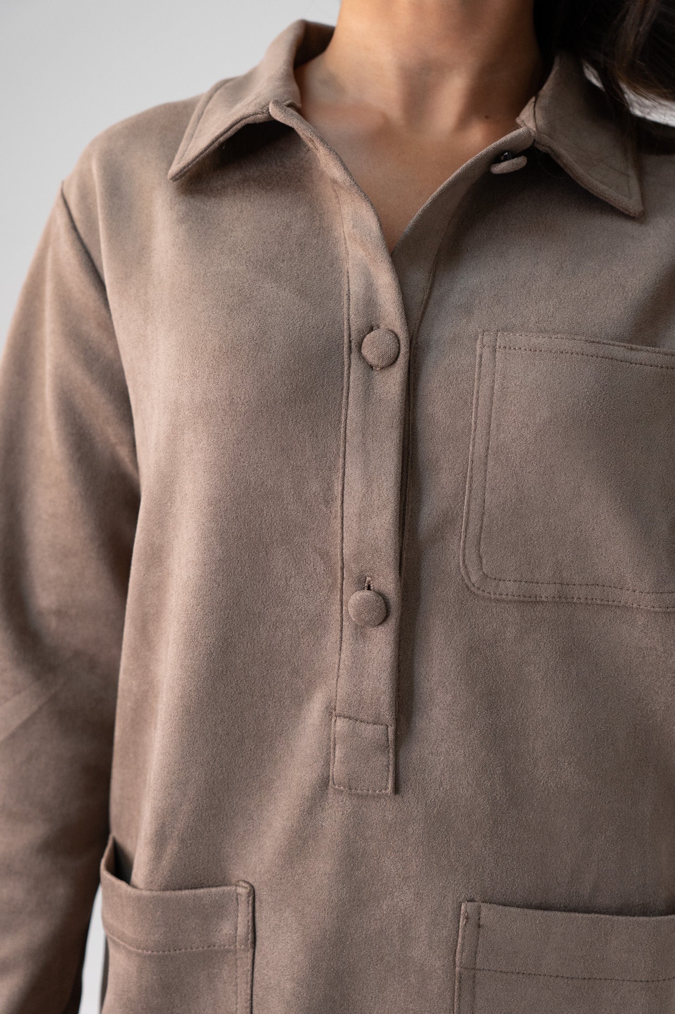 Kendra Faux Suede Shirt Dress In Taupe