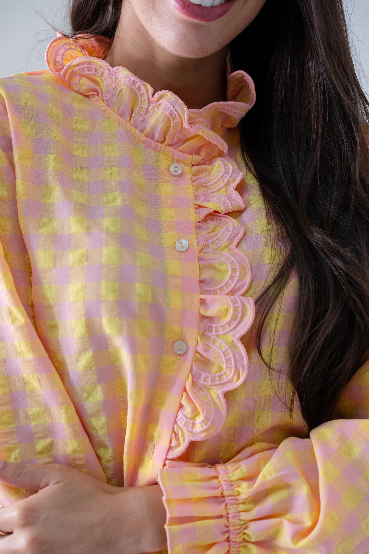 Kendra Frill Detail Check Shirt In Yellow Mix
