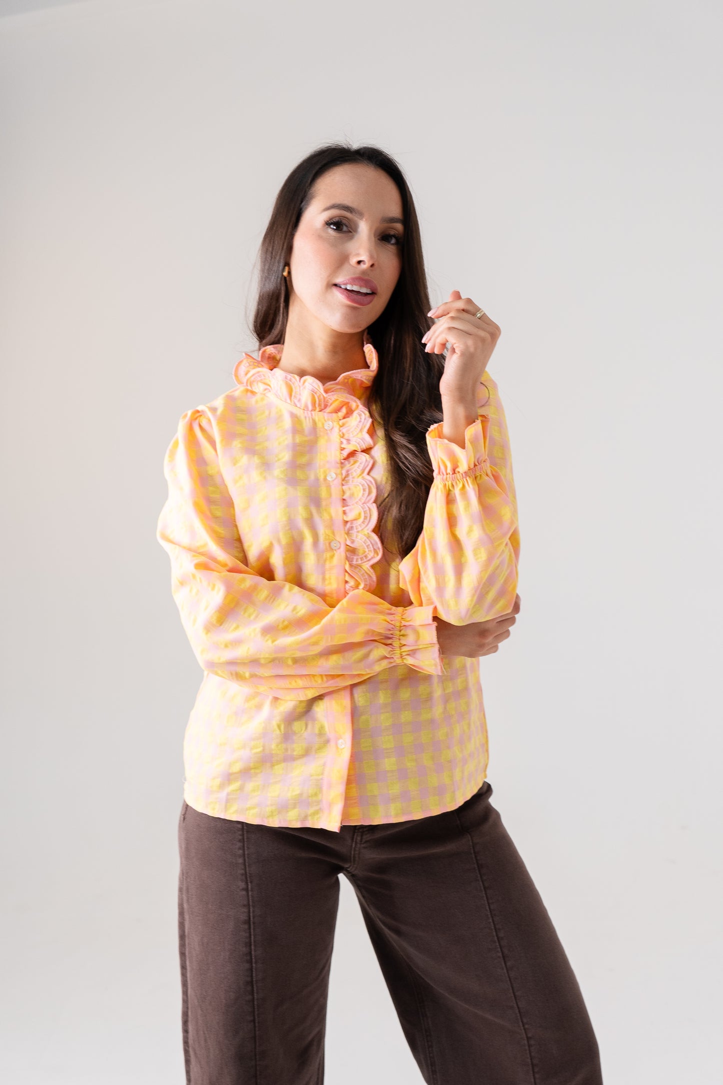 Kendra Frill Detail Check Shirt In Yellow Mix