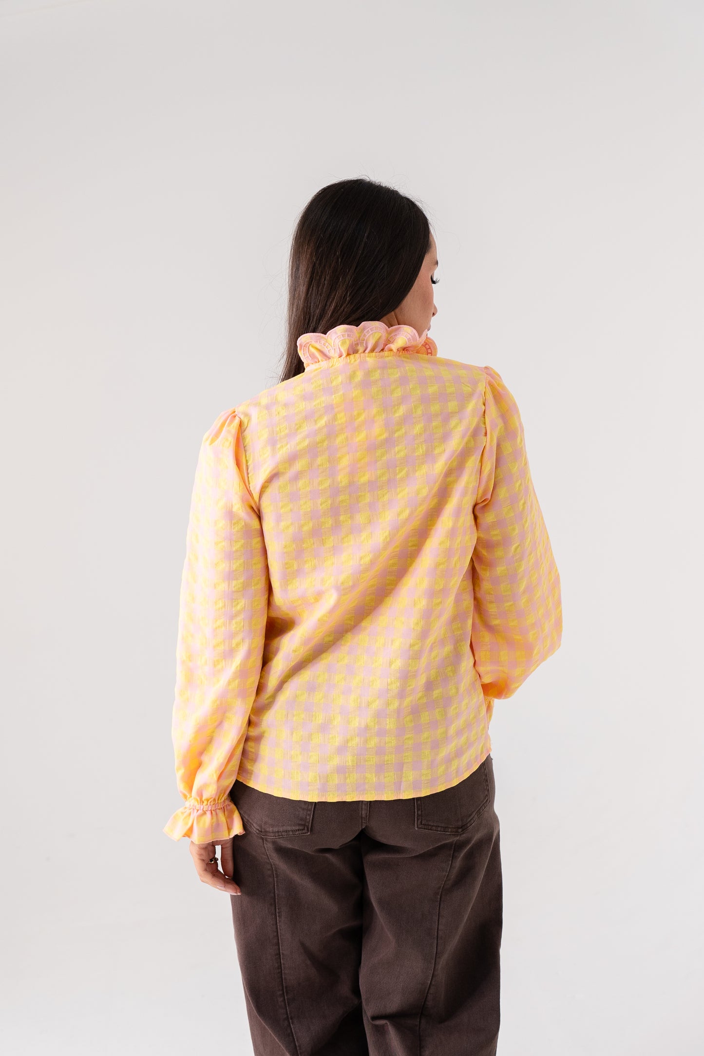 Kendra Frill Detail Check Shirt In Yellow Mix