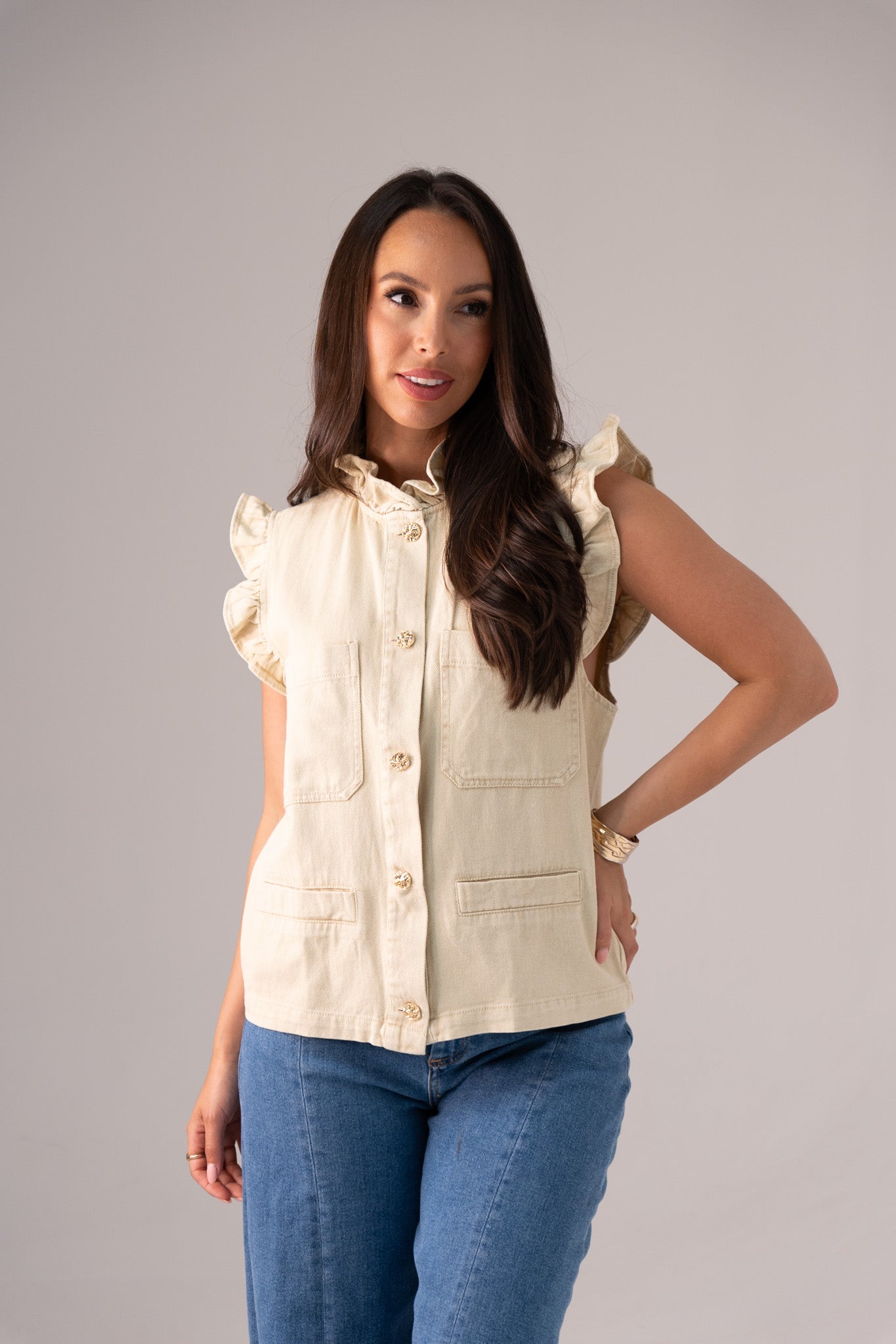 Kendra Frill Sleeve Denim Waistcoat In Beige