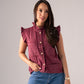 Kendra Frill Sleeve Denim Waistcoat In Bordeaux