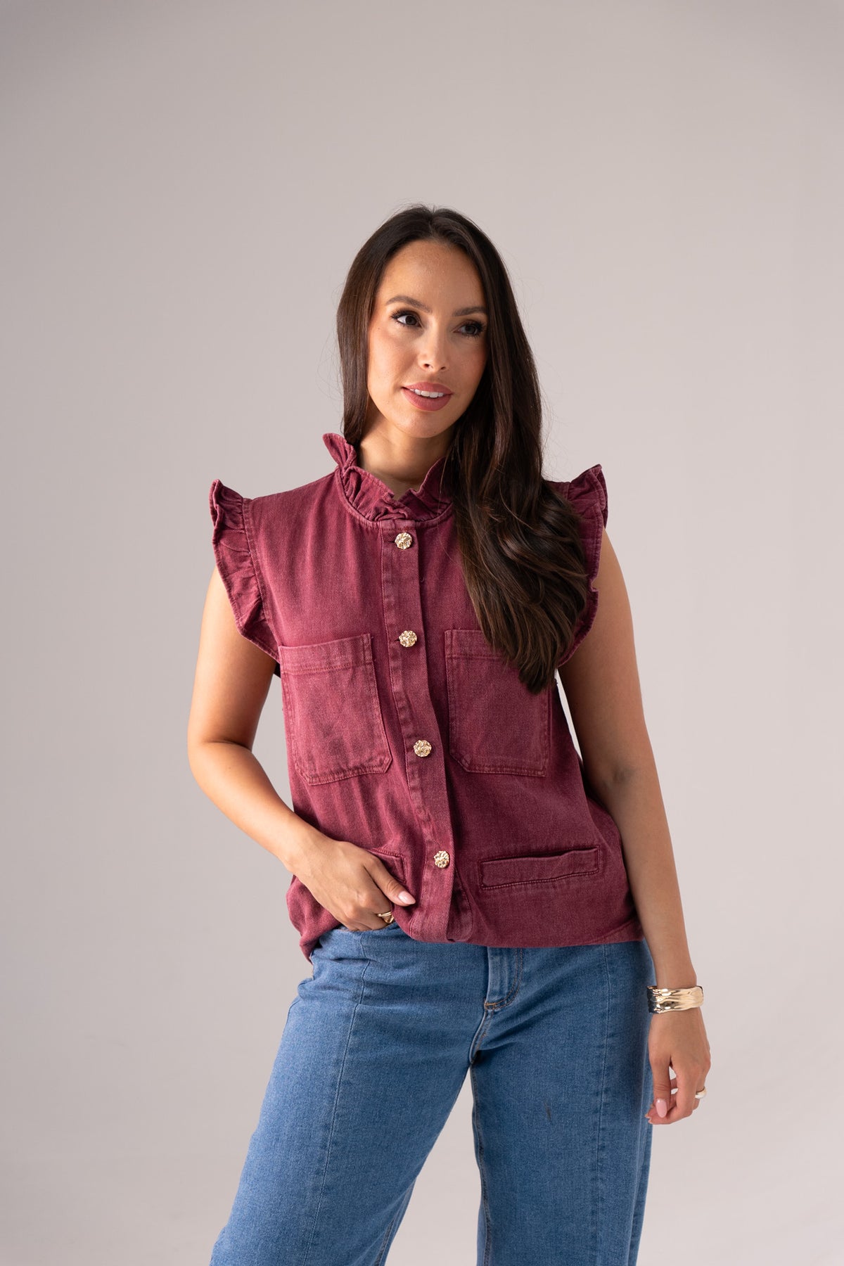 Kendra Frill Sleeve Denim Waistcoat In Bordeaux