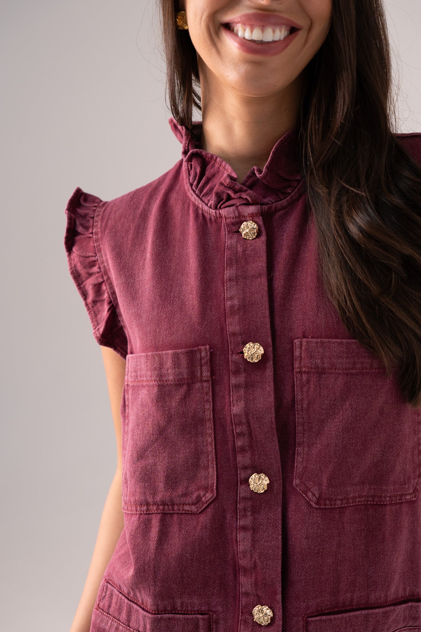 Kendra Frill Sleeve Denim Waistcoat In Bordeaux