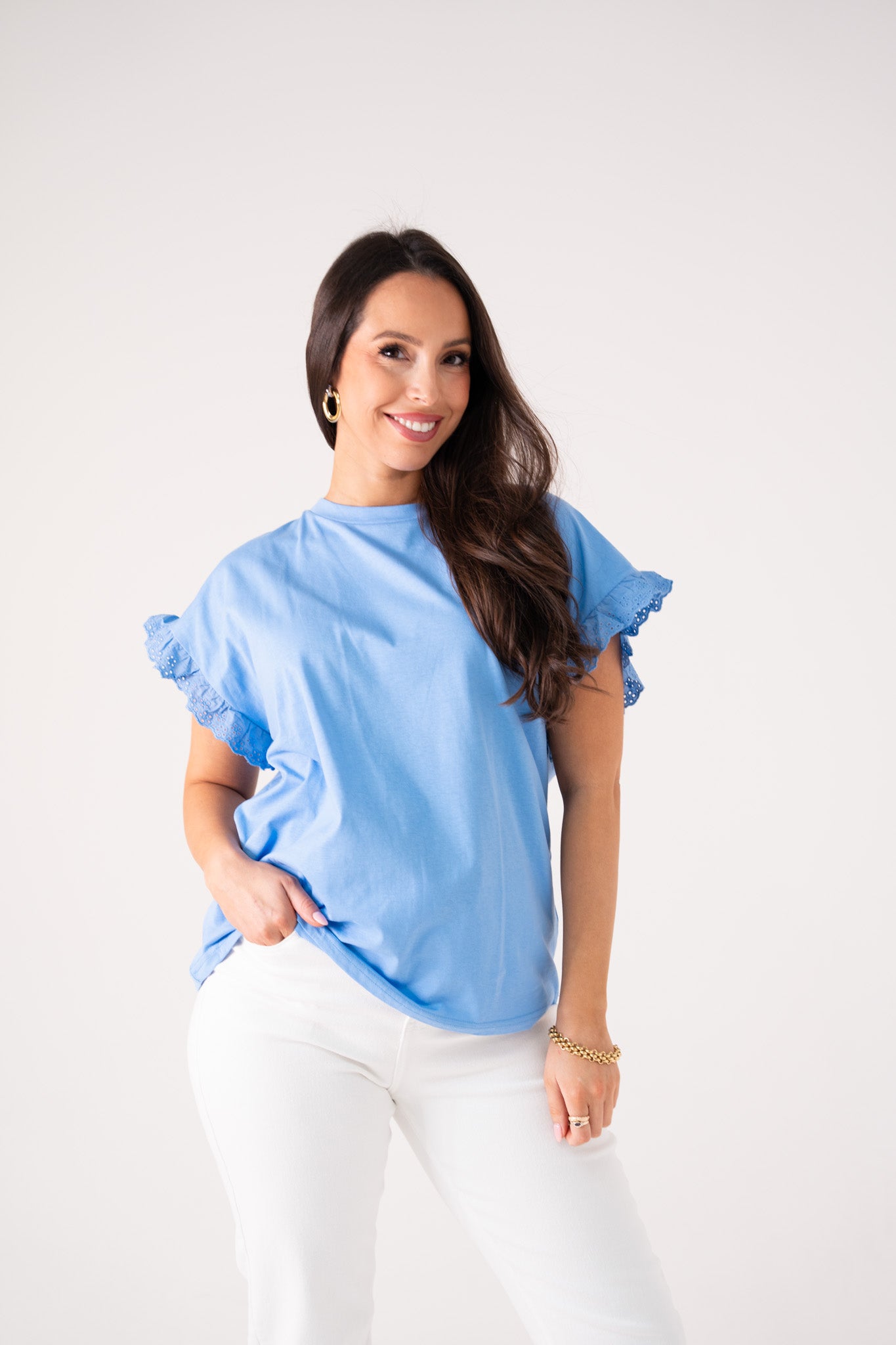 Kendra Frill Sleeve T-Shirt In Blue
