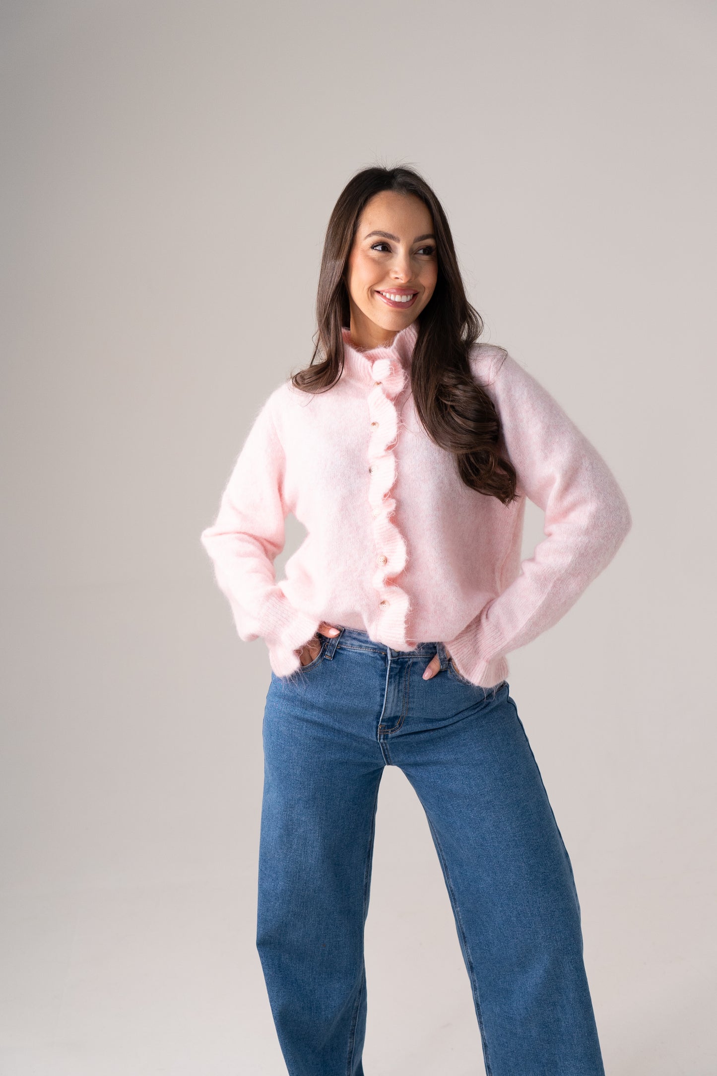 Kendra Frill Trim Cardigan In Pink