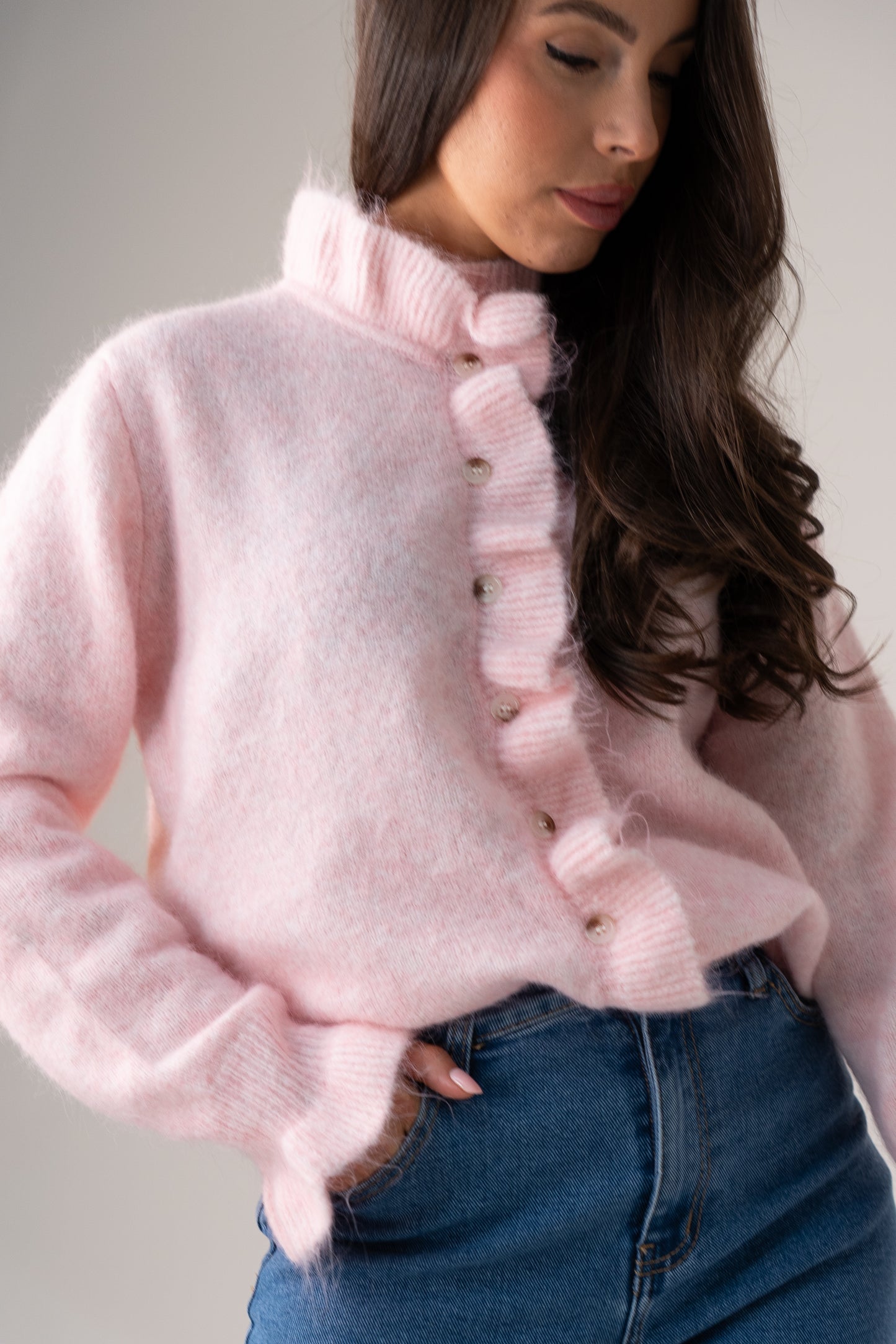 Kendra Frill Trim Cardigan In Pink