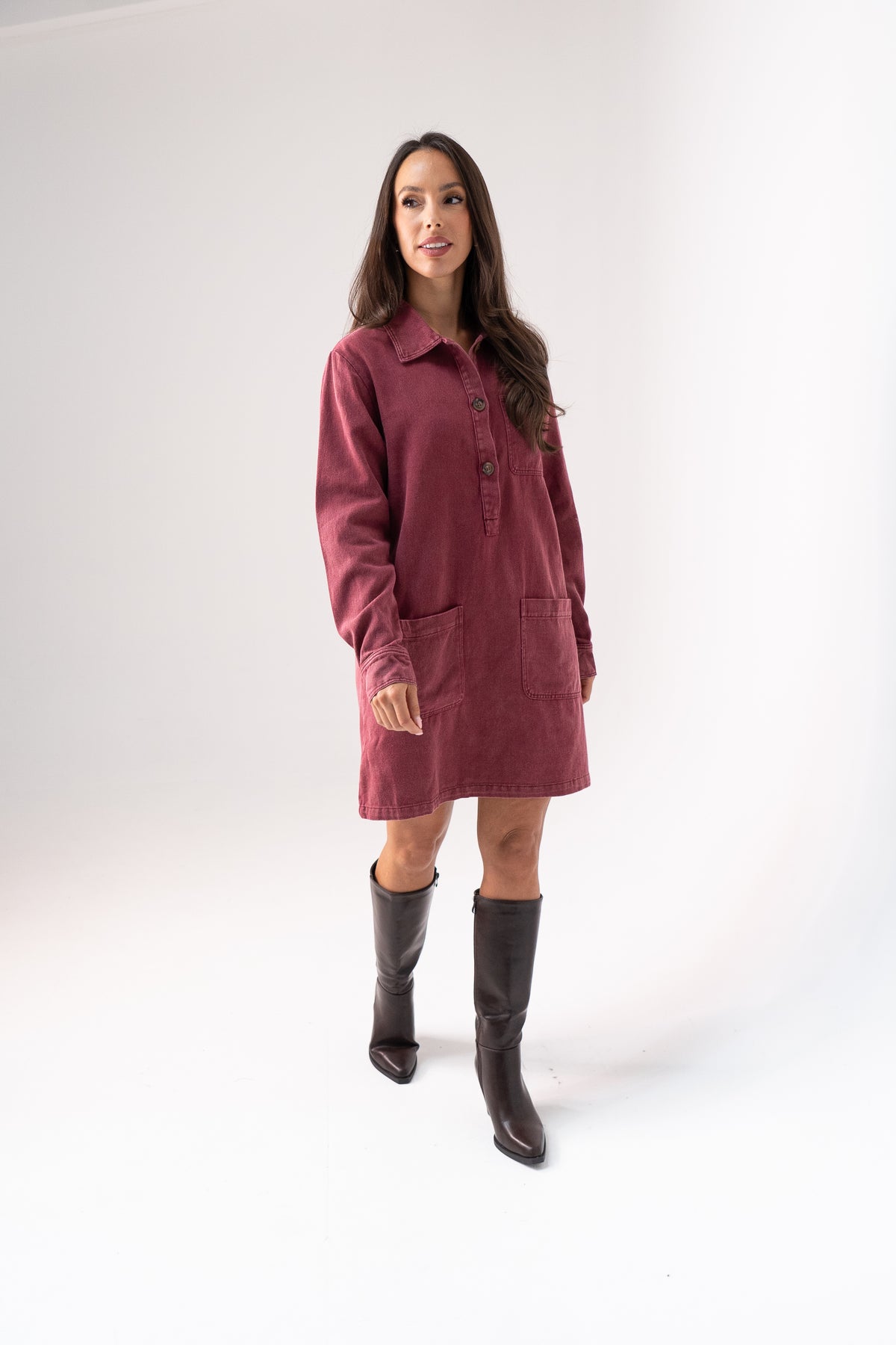 Kendra Long Sleeve Denim Shirt Dress In Bordeaux