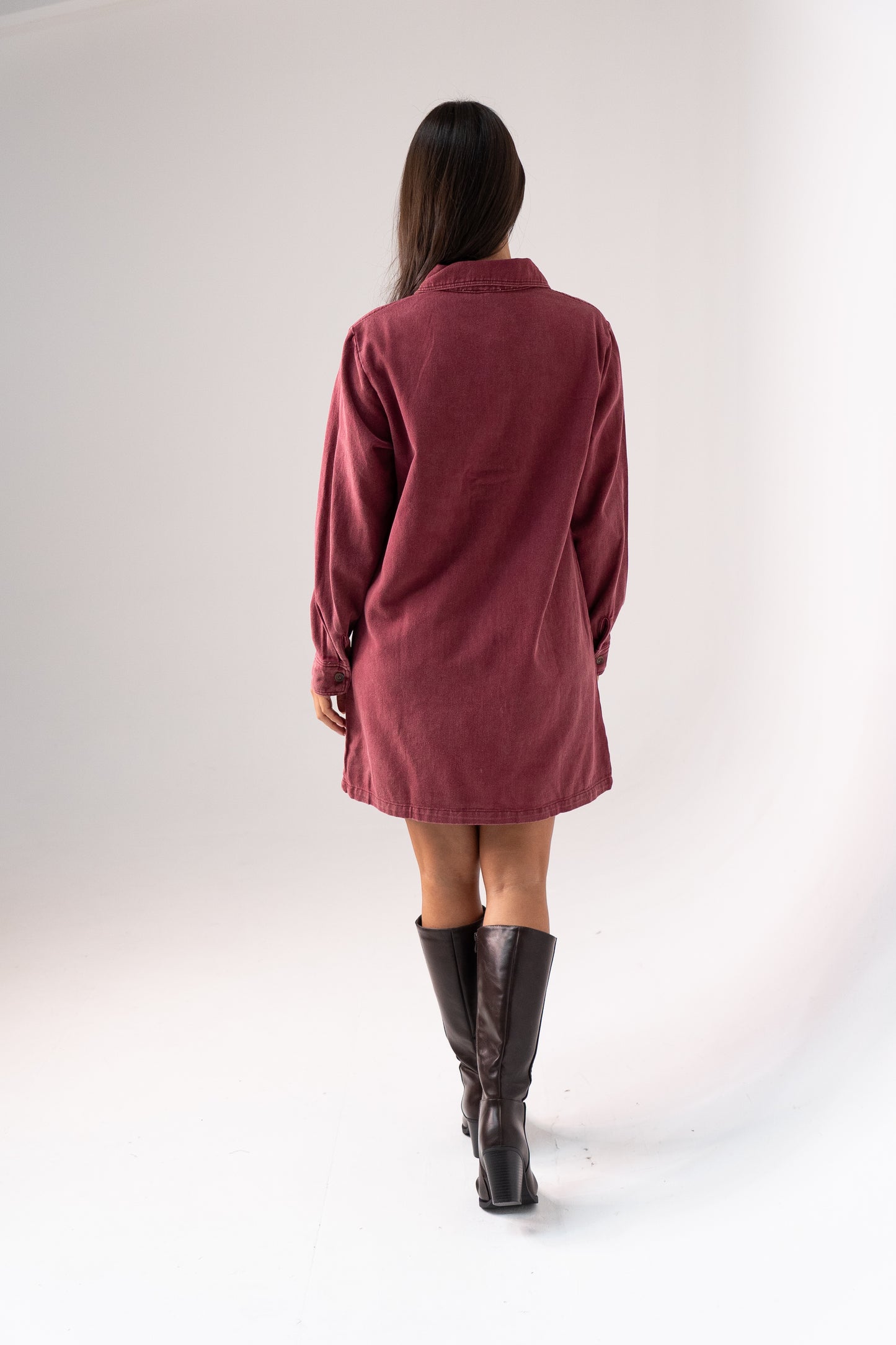 Kendra Long Sleeve Denim Shirt Dress In Bordeaux