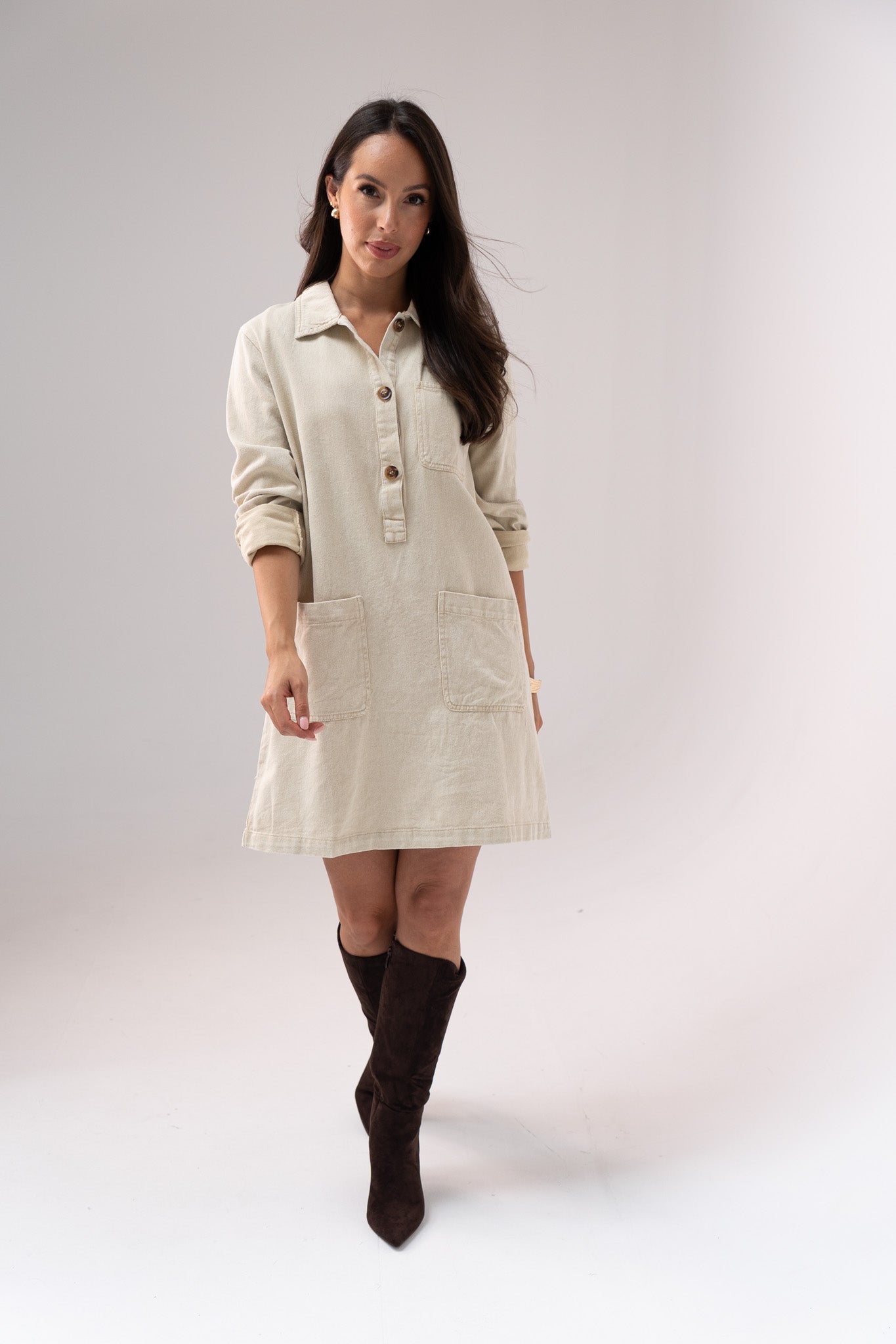 Kendra Long Sleeve Denim Shirt Dress In Neutral