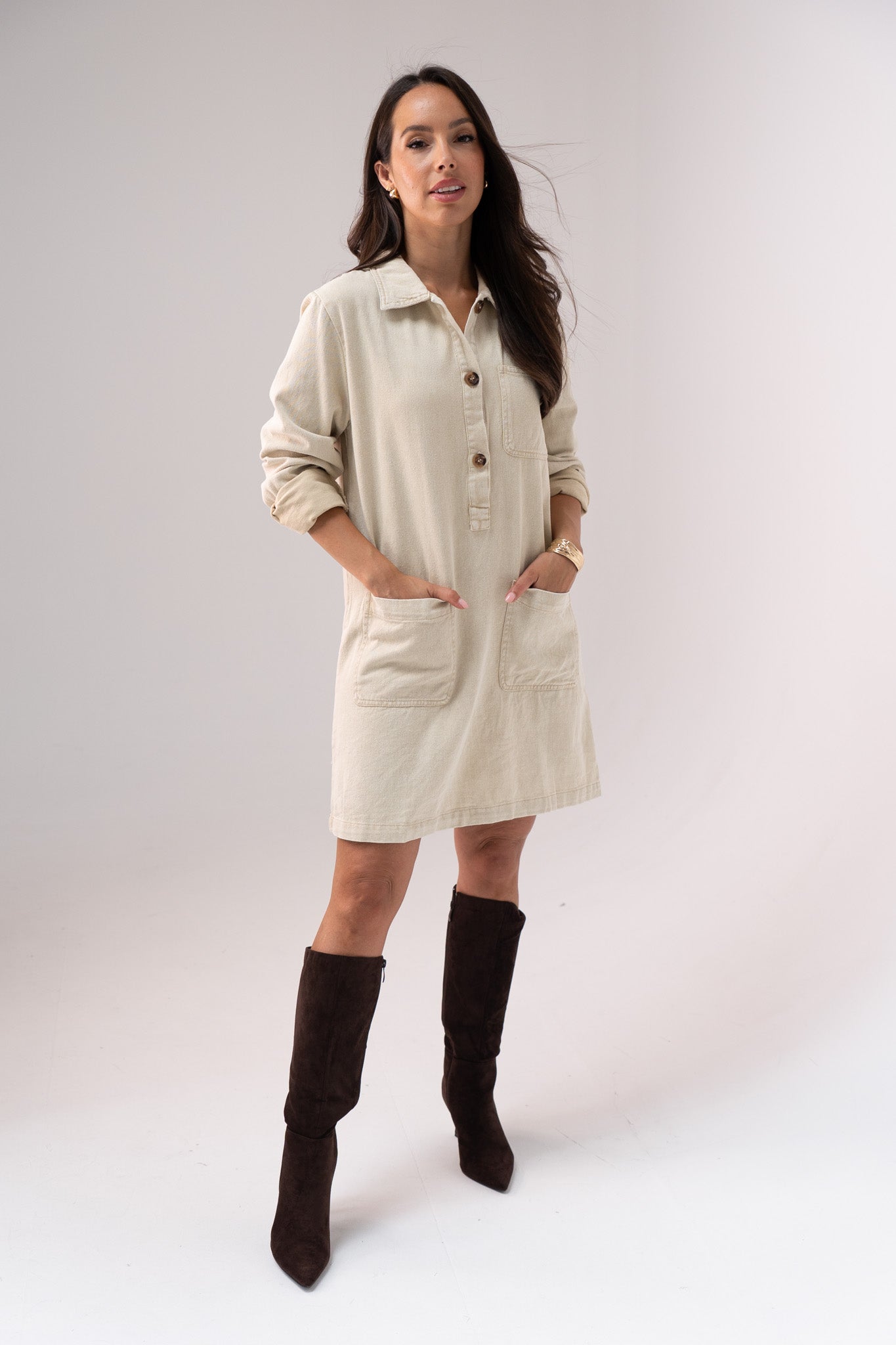 Kendra Long Sleeve Denim Shirt Dress In Neutral