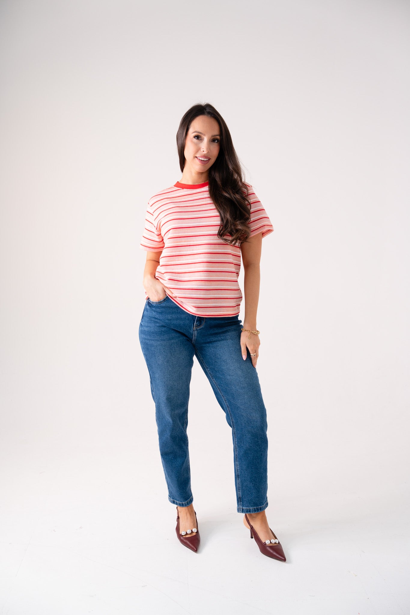 Kendra Red Stripe T-Shirt In Pink