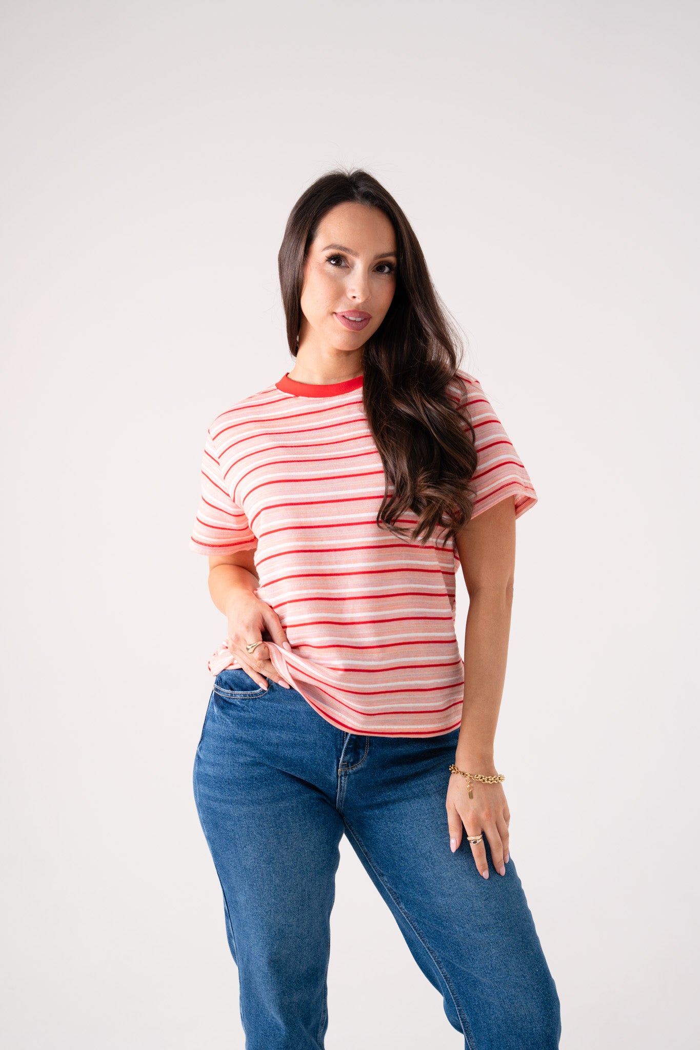 Kendra Red Stripe T-Shirt In Pink