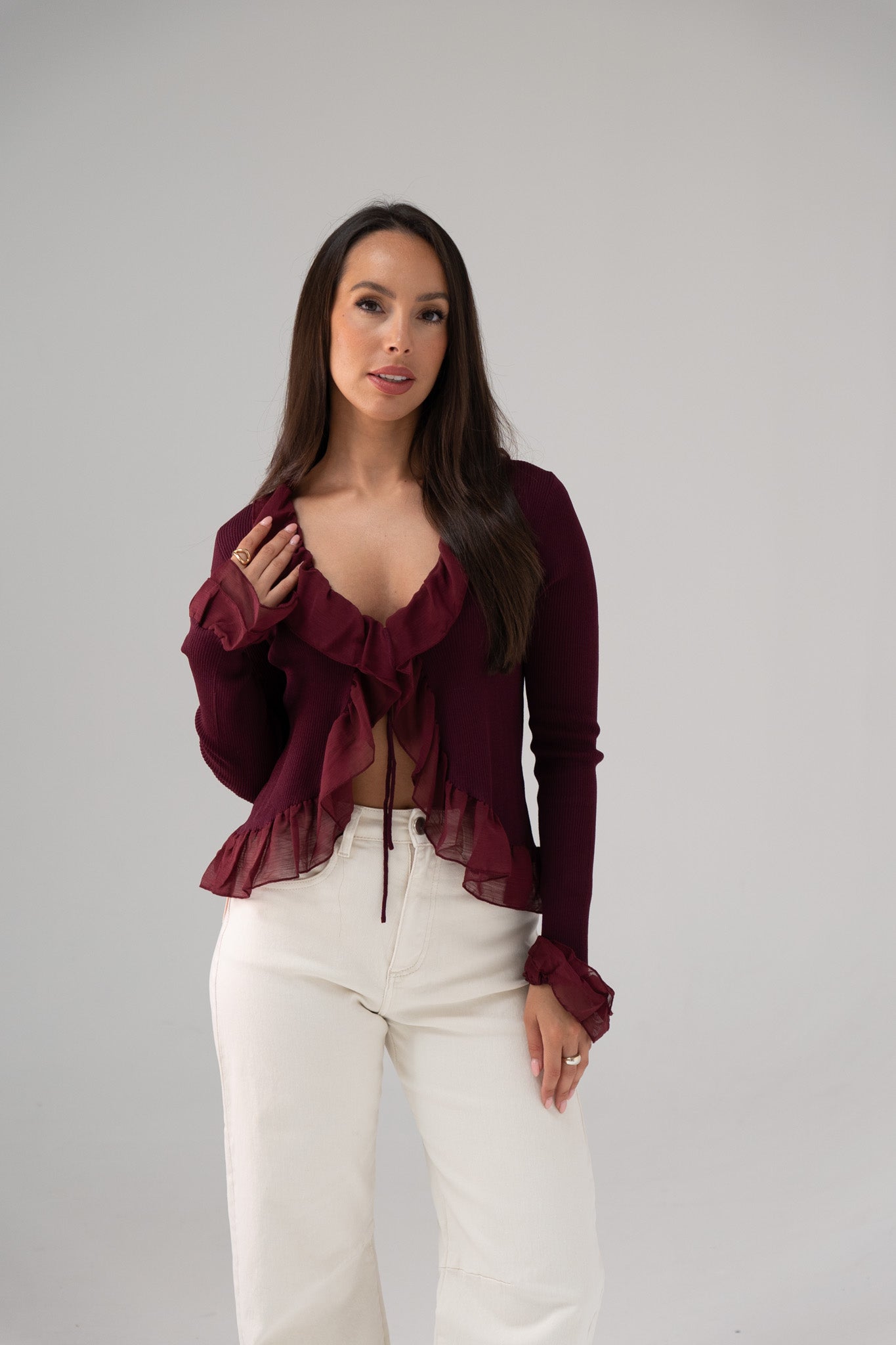 Kendra Ruffle Blouse In Bordeaux