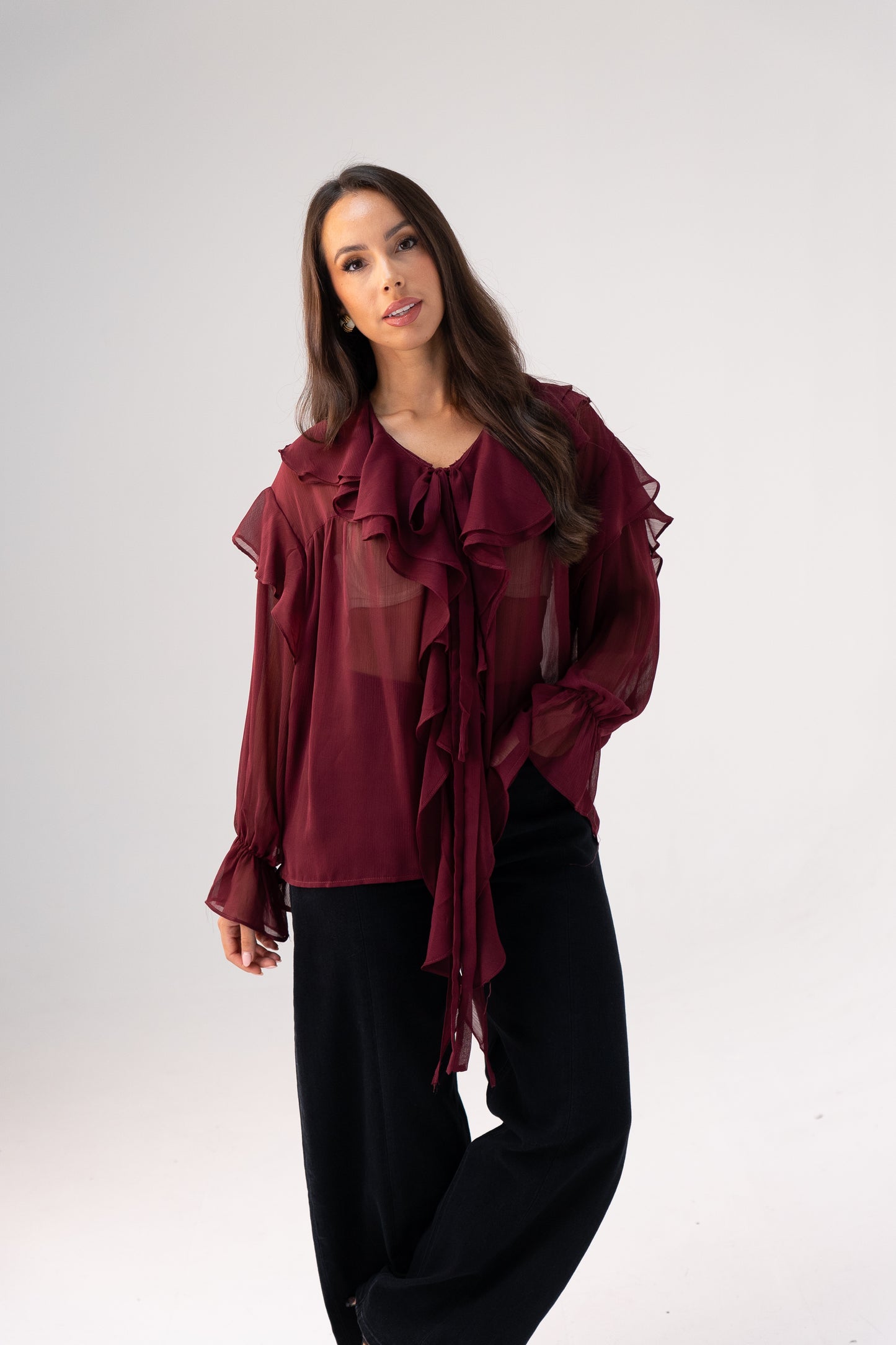 Kendra Ruffle Blouse In Burgundy