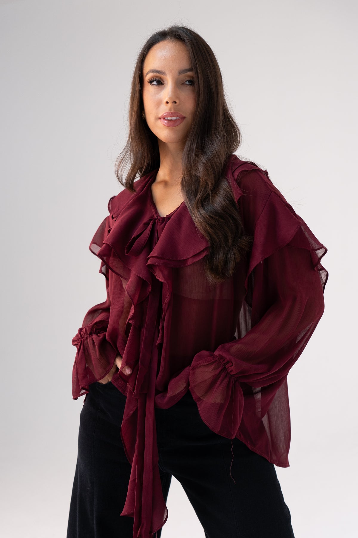 Kendra Ruffle Blouse In Burgundy
