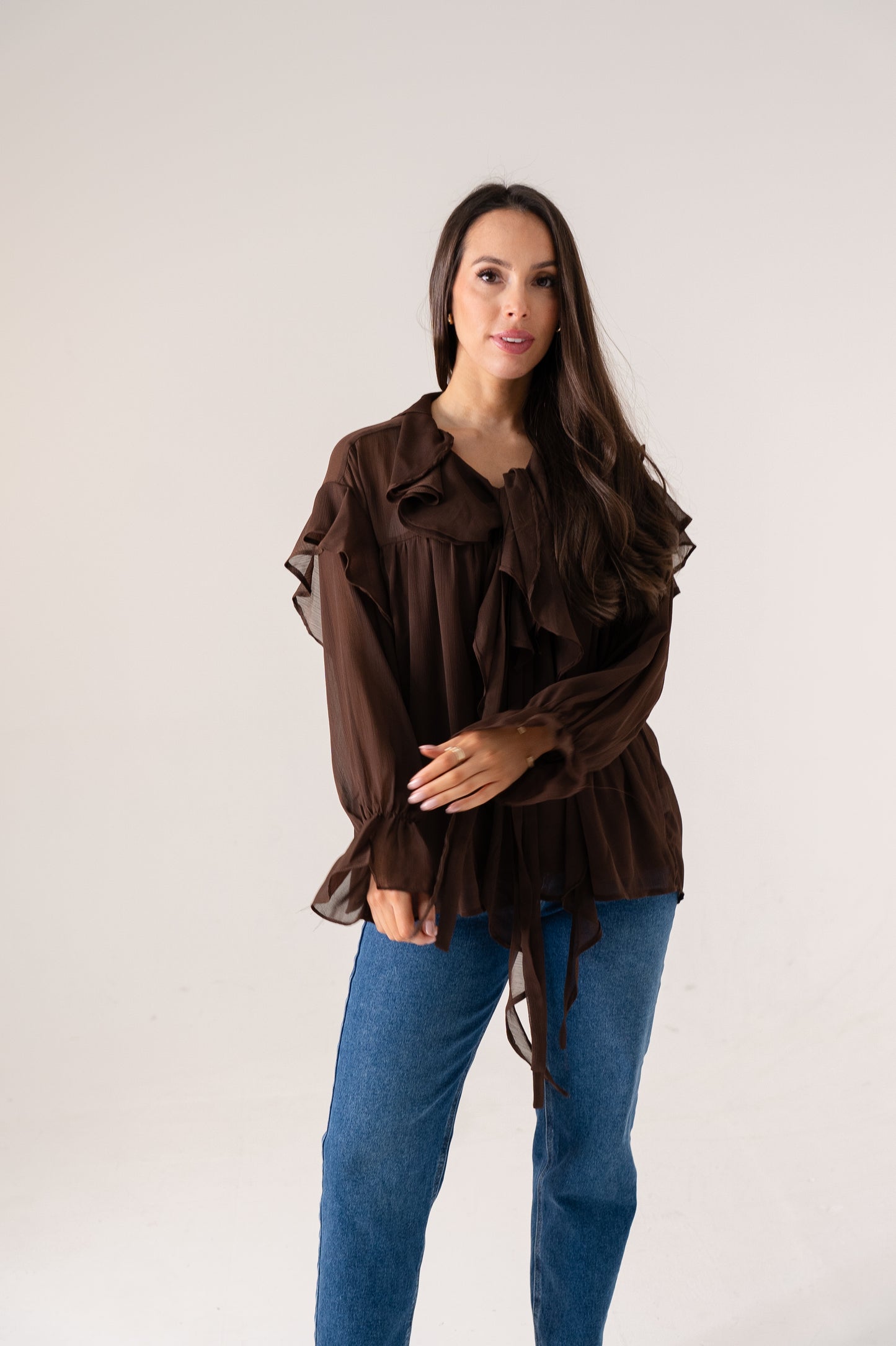 Kendra Ruffle Blouse In Coffee