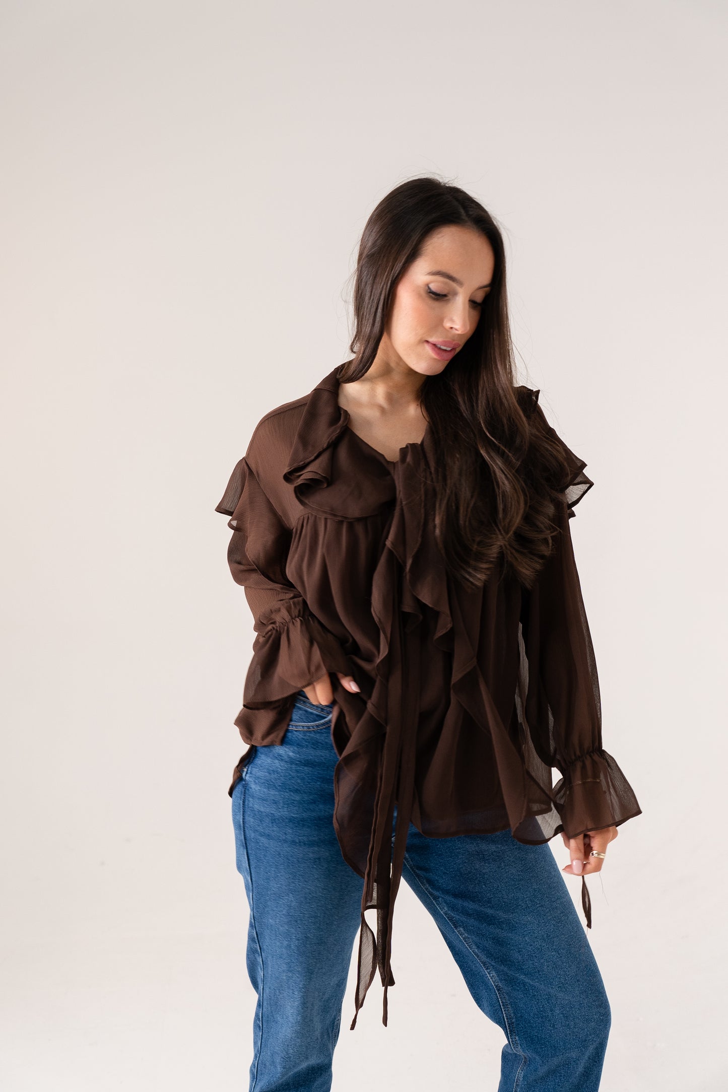 Kendra Ruffle Blouse In Coffee