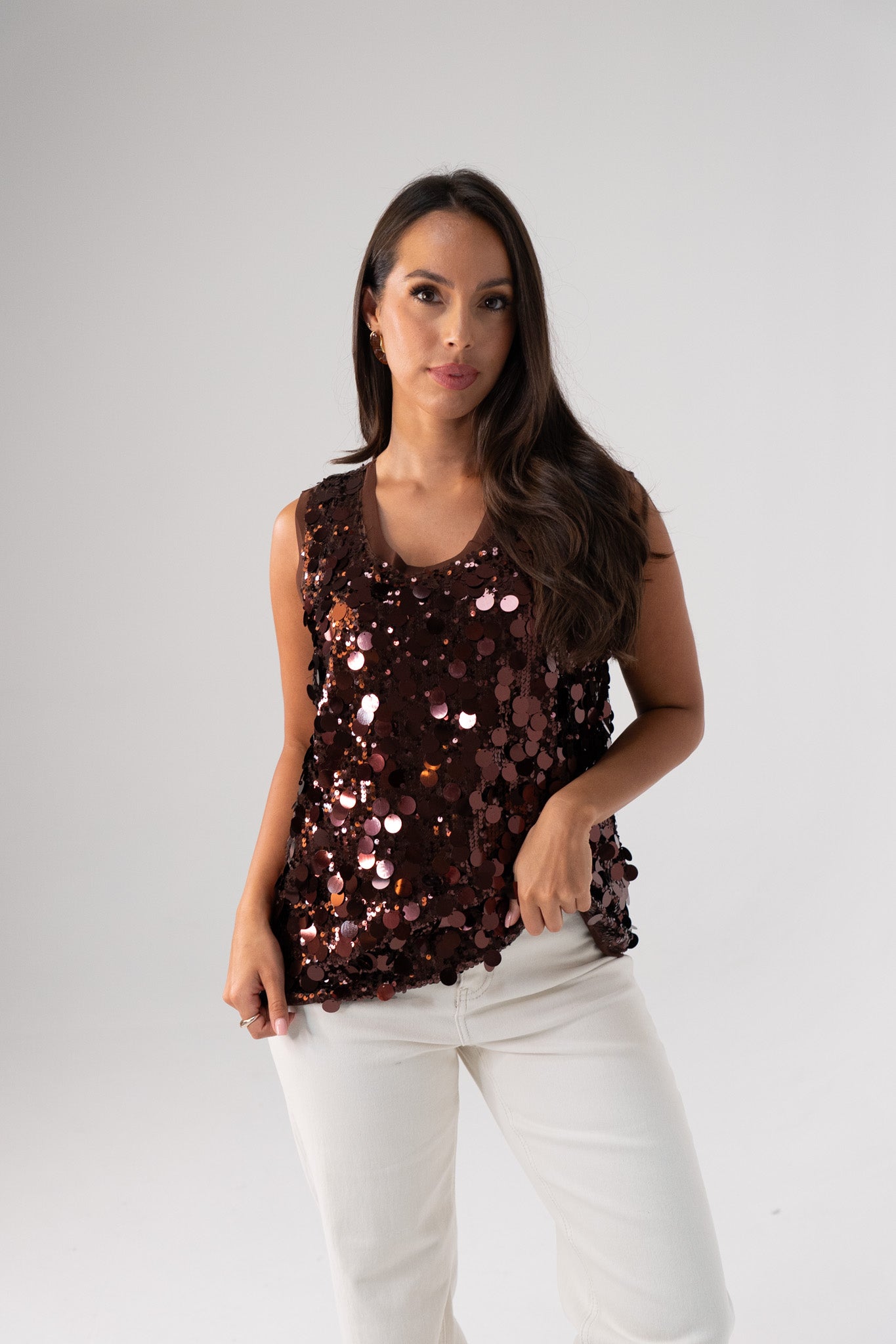 Kendra Sequin Vest Top In Coffee