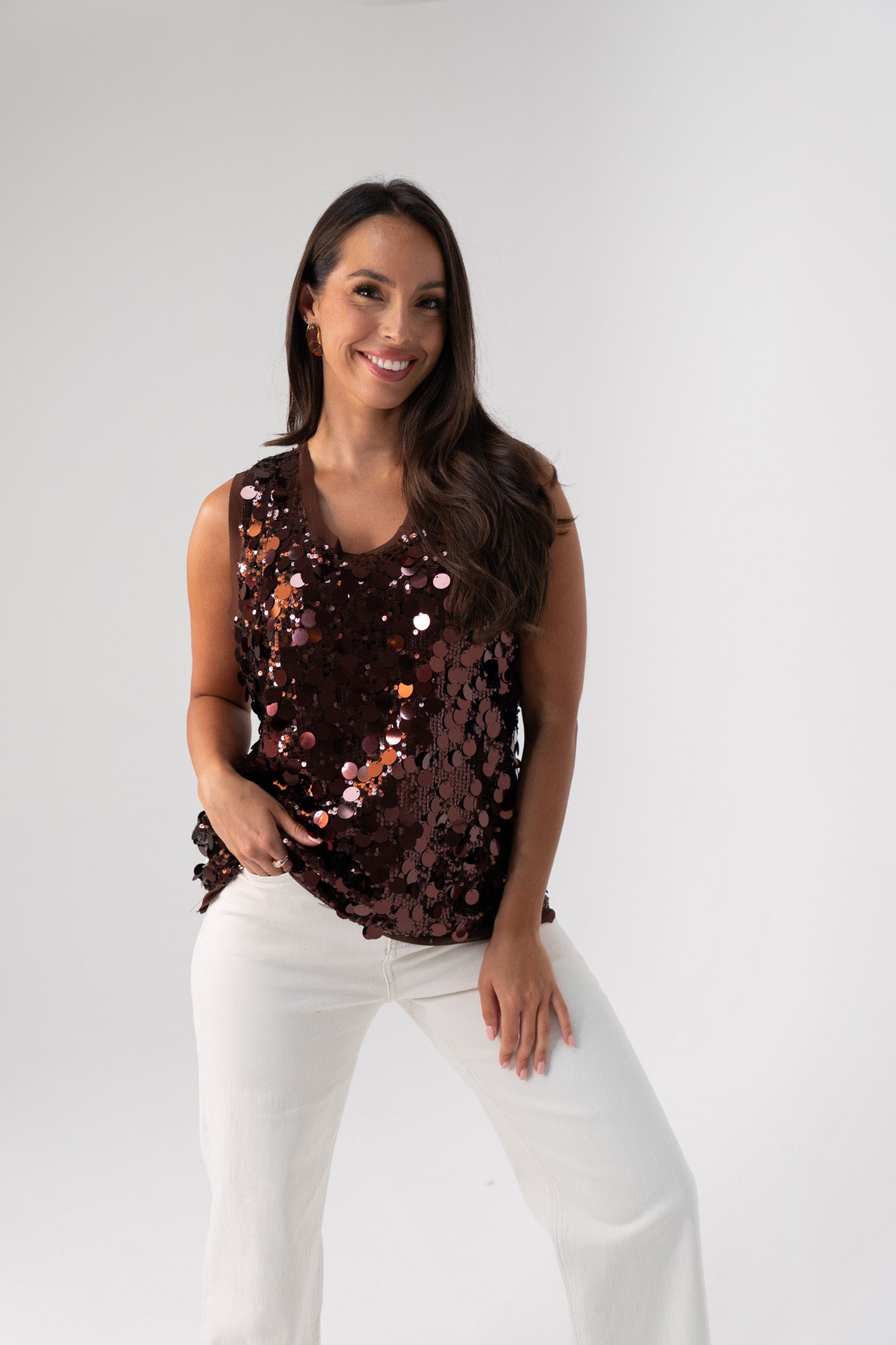 Kendra Sequin Vest Top In Coffee