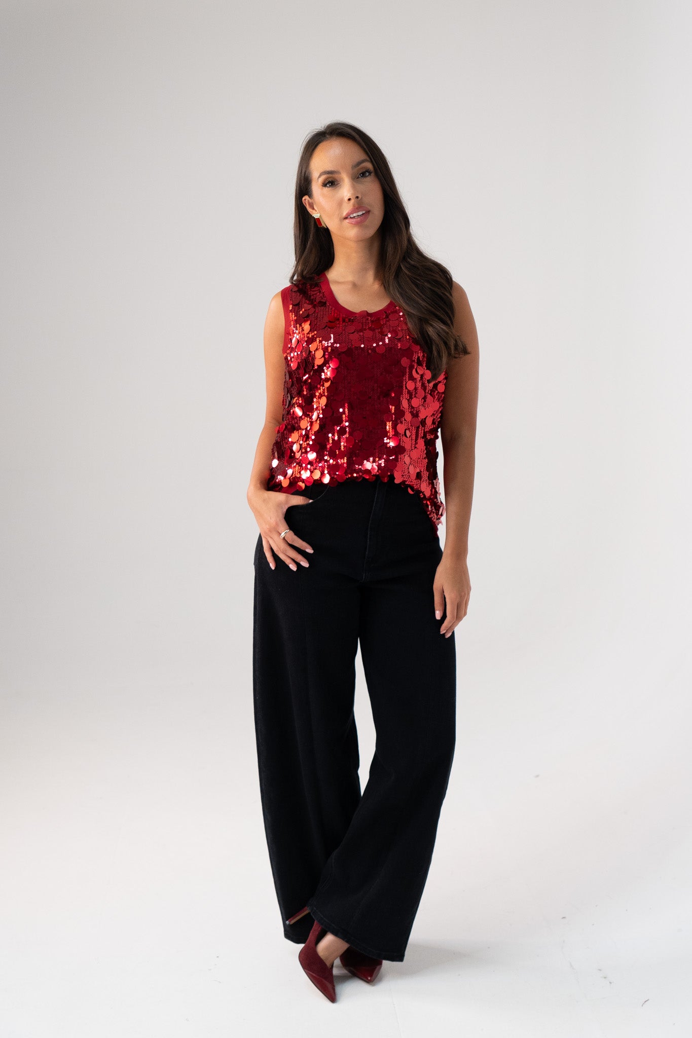 Kendra Sequin Vest Top In Red