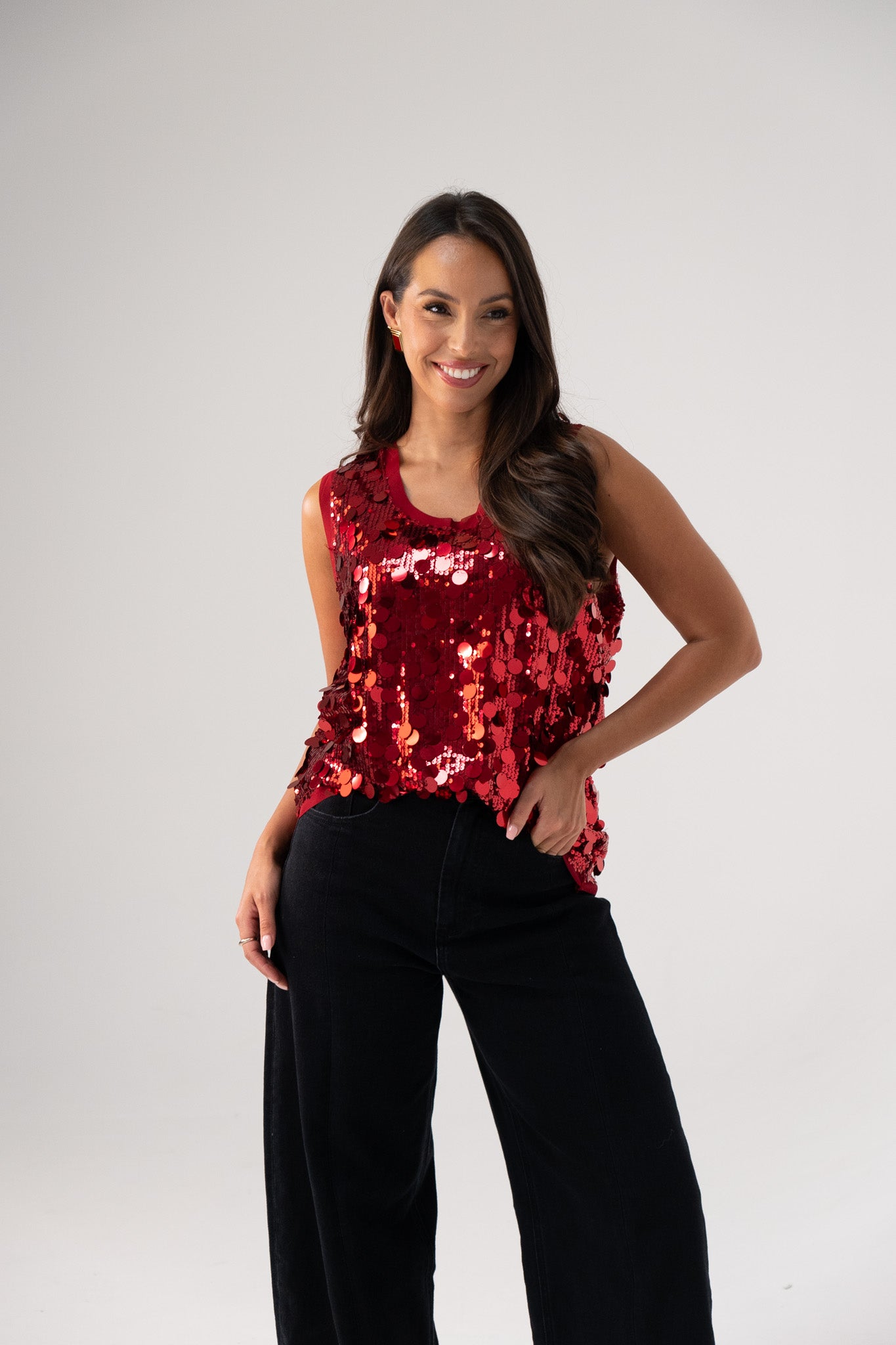 Kendra Sequin Vest Top In Red