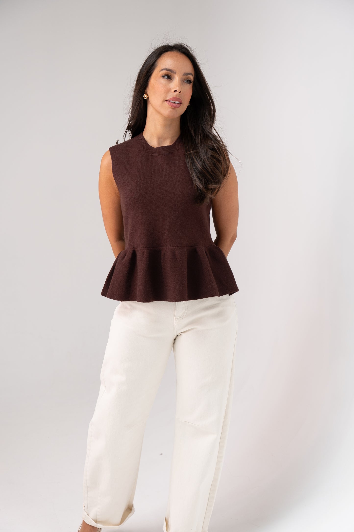 Kendra Sleeveless Peplum Top In Chocolate