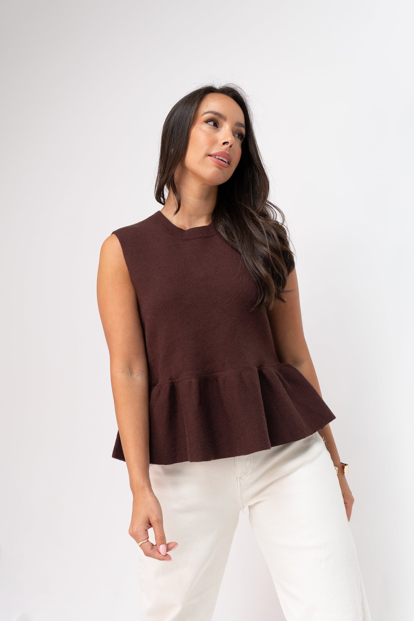 Kendra Sleeveless Peplum Top In Chocolate
