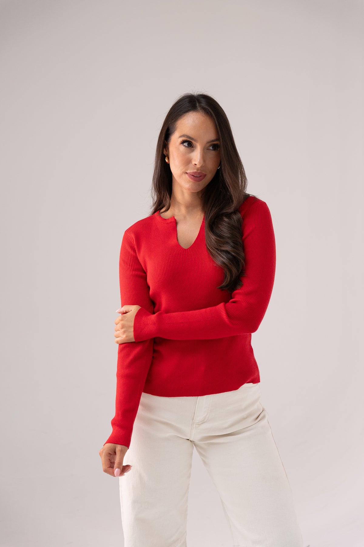 Kendra Split Neck Ribbed Jumper In Red