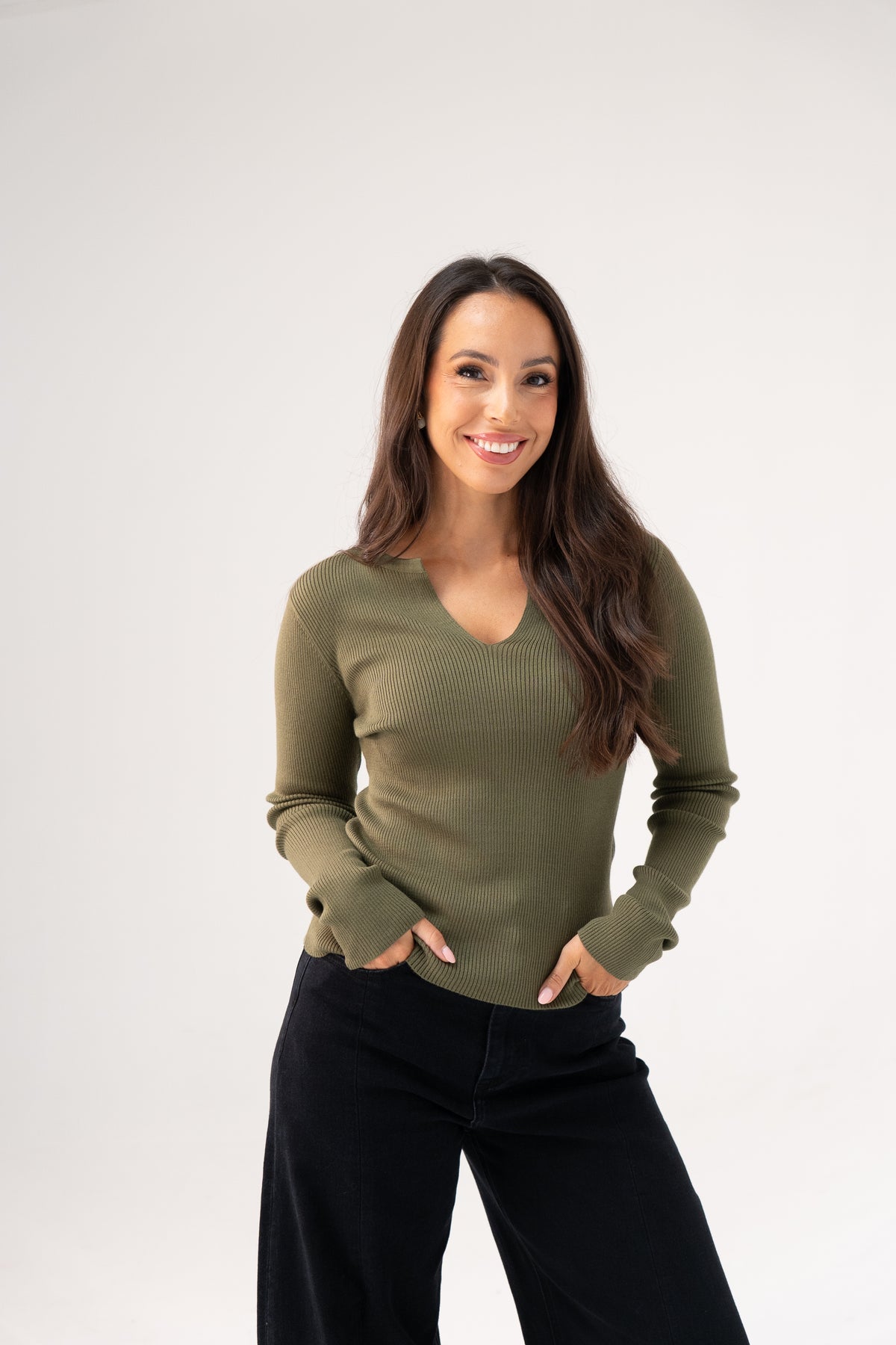 Kendra Split Neck Ribbed Jumper In Khaki