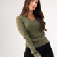 Kendra Split Neck Ribbed Jumper In Khaki
