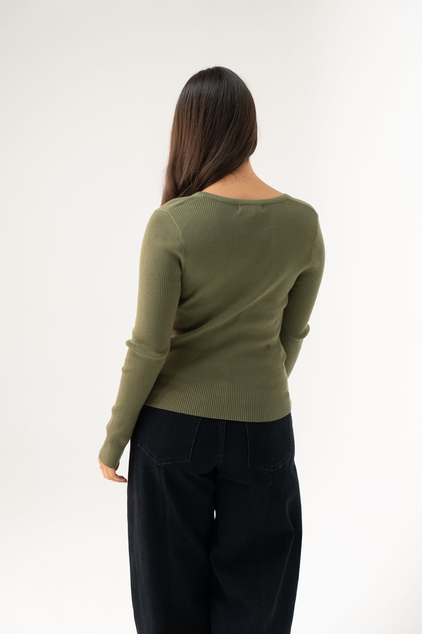 Kendra Split Neck Ribbed Jumper In Khaki