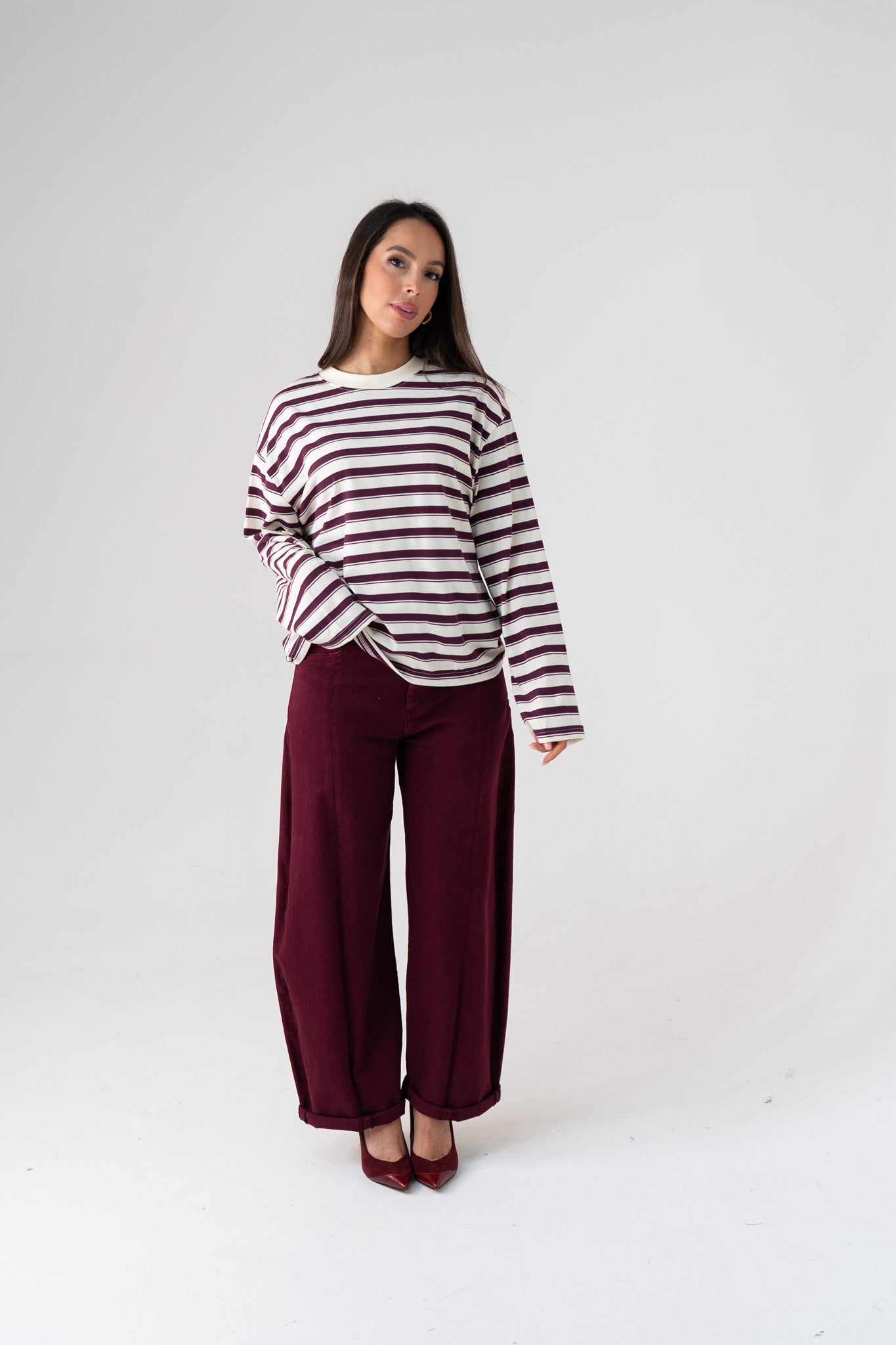 Kendra Long Sleeve Top In Bordeaux Stripe