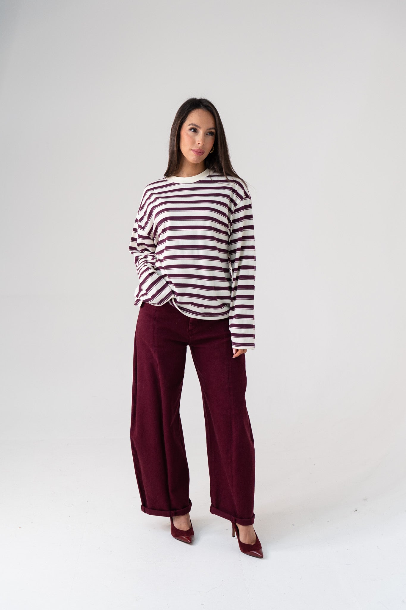 Kendra Long Sleeve Top In Bordeaux Stripe