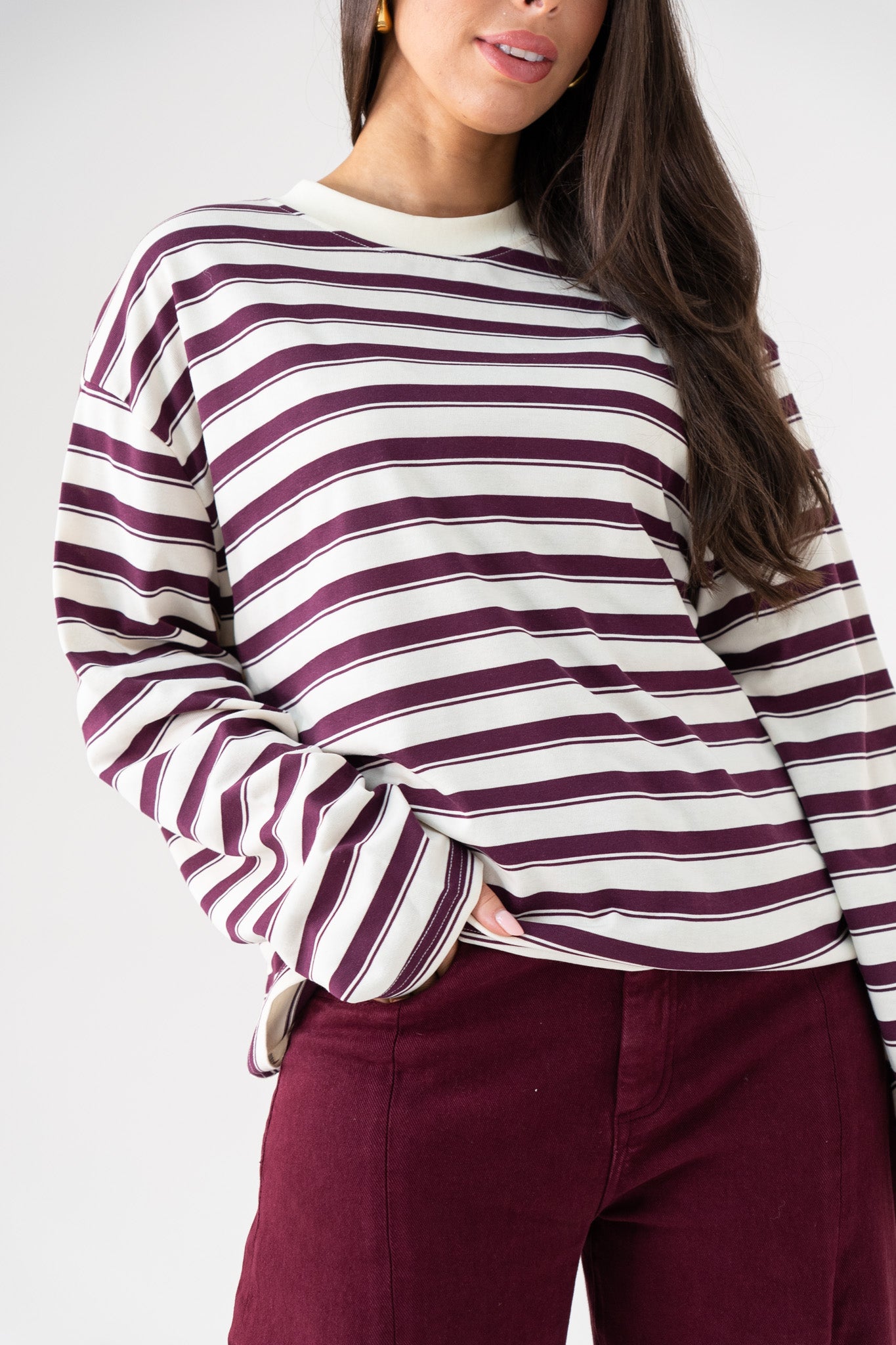 Kendra Long Sleeve Top In Bordeaux Stripe