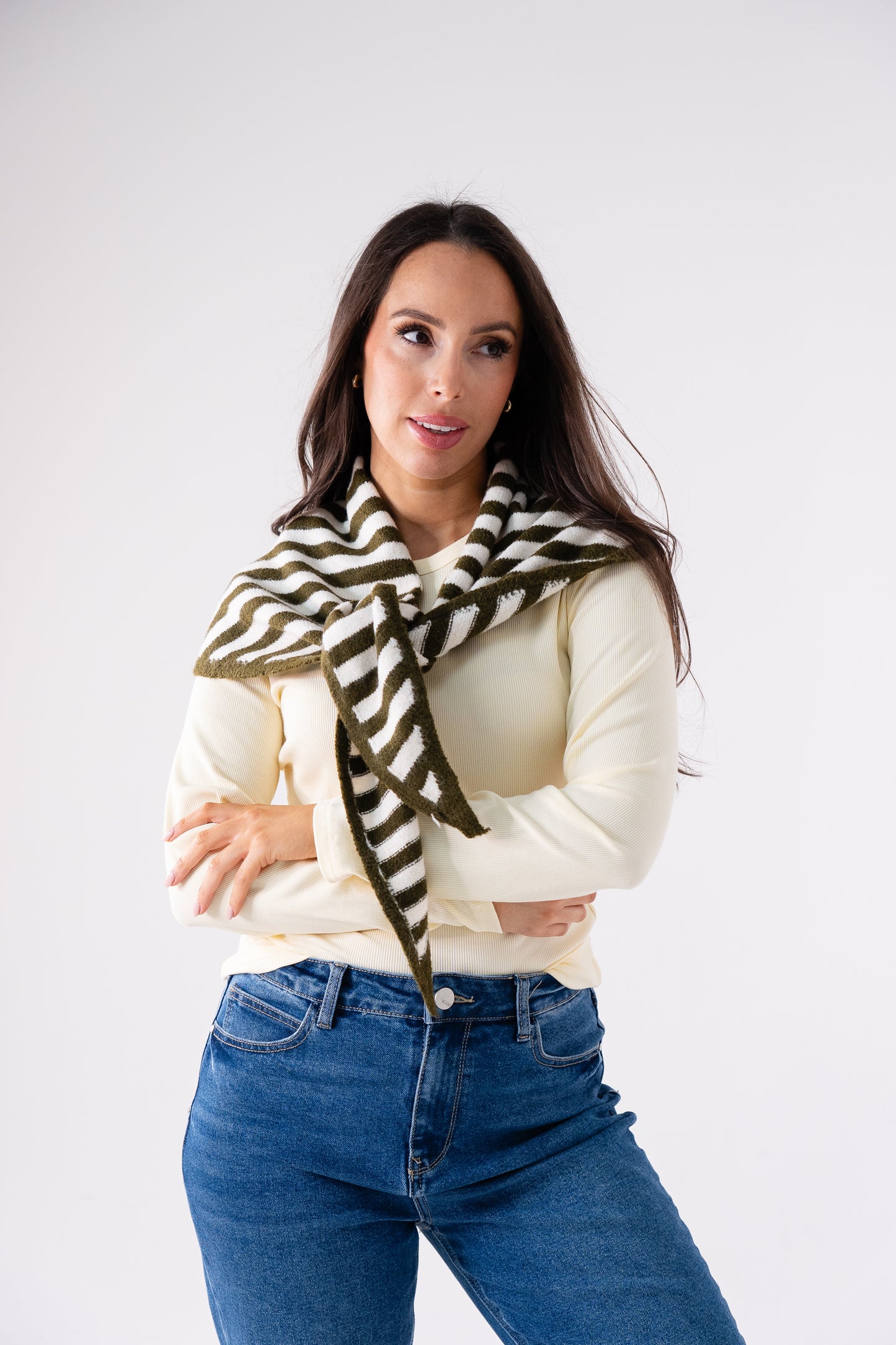 Kendra Stripe Neck Scarf In Khaki & Cream