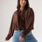 Kendra Tie Neck Ruffle Blouse In Coffee