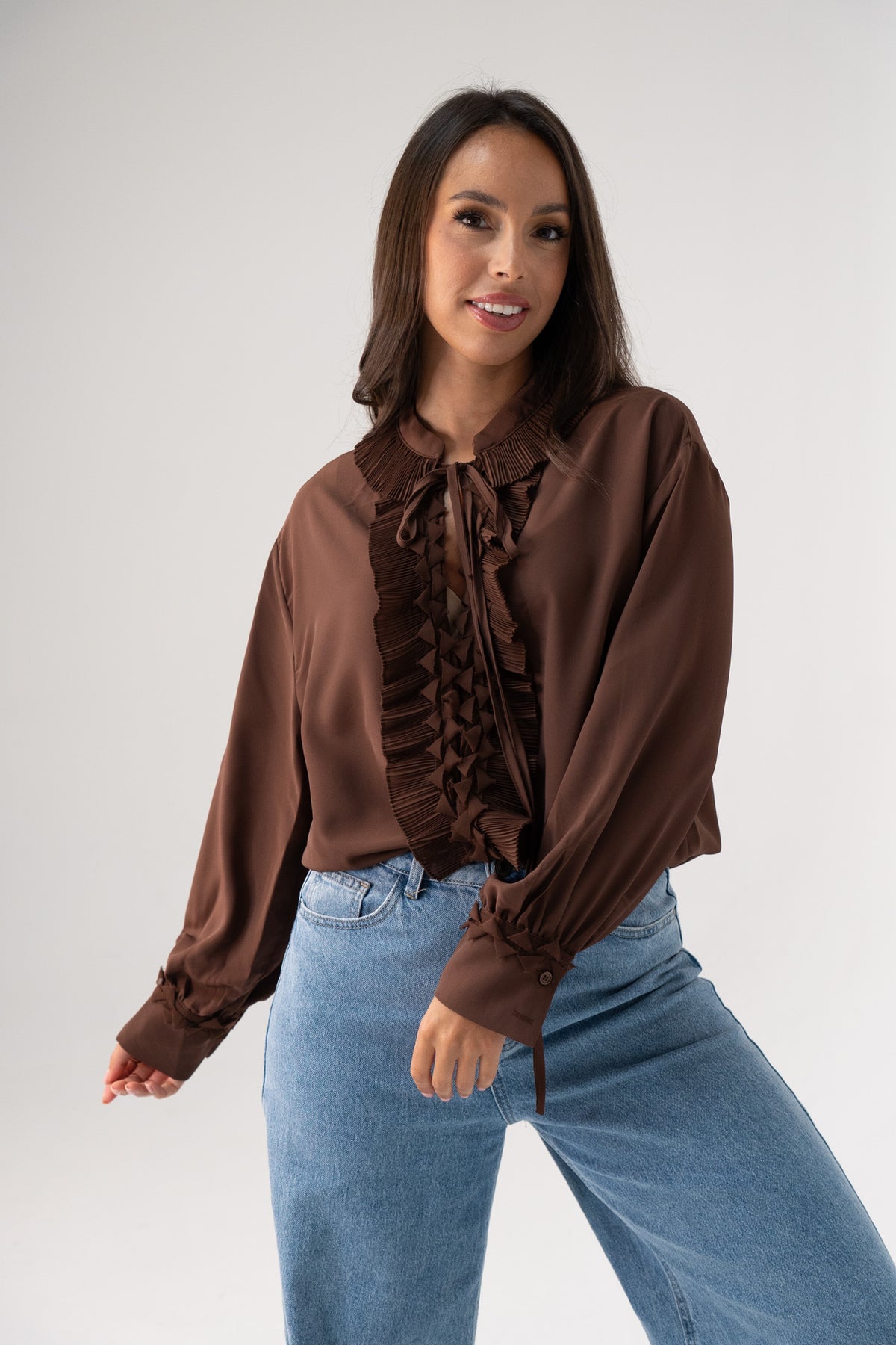 Kendra Tie Neck Ruffle Blouse In Coffee