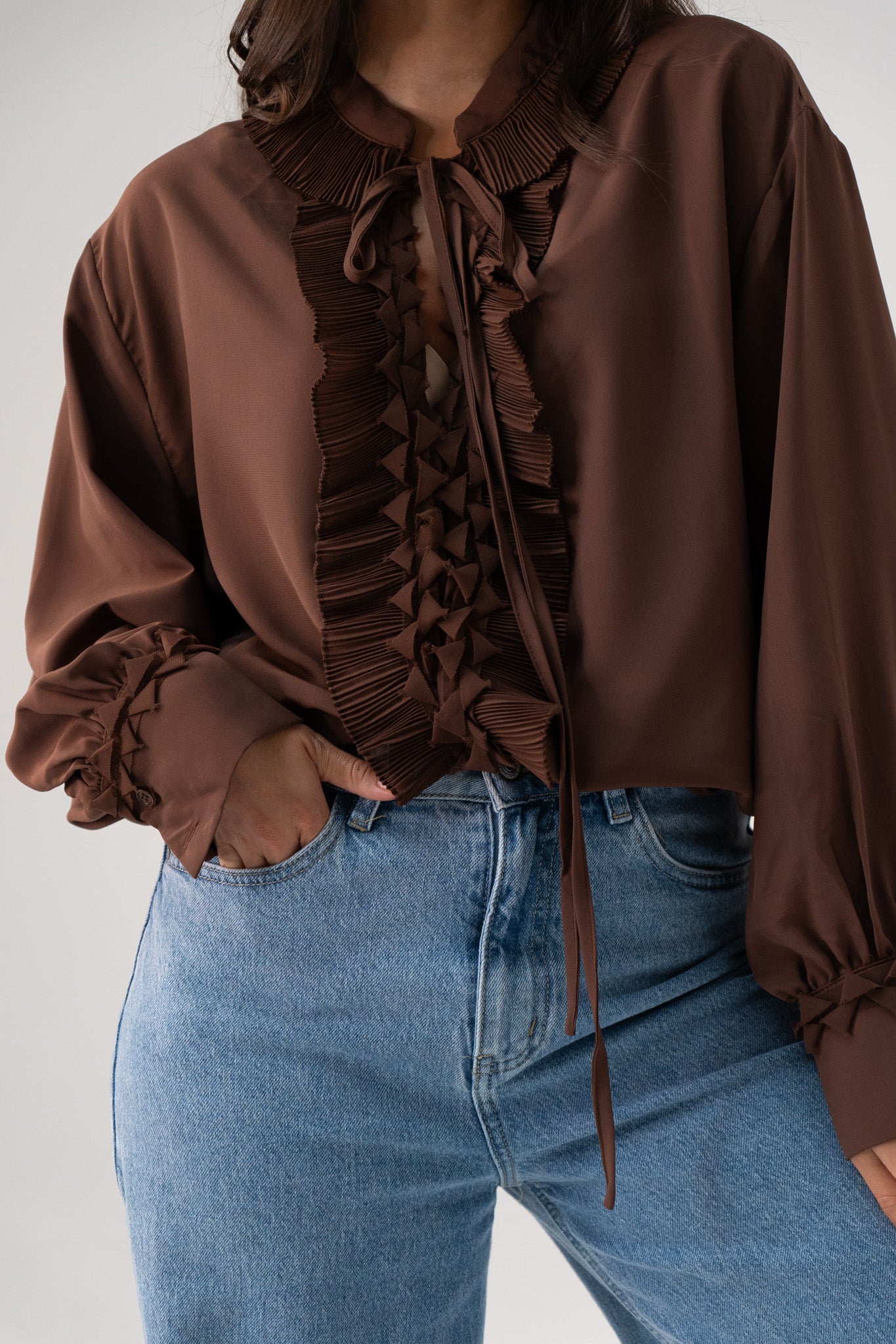 Kendra Tie Neck Ruffle Blouse In Coffee