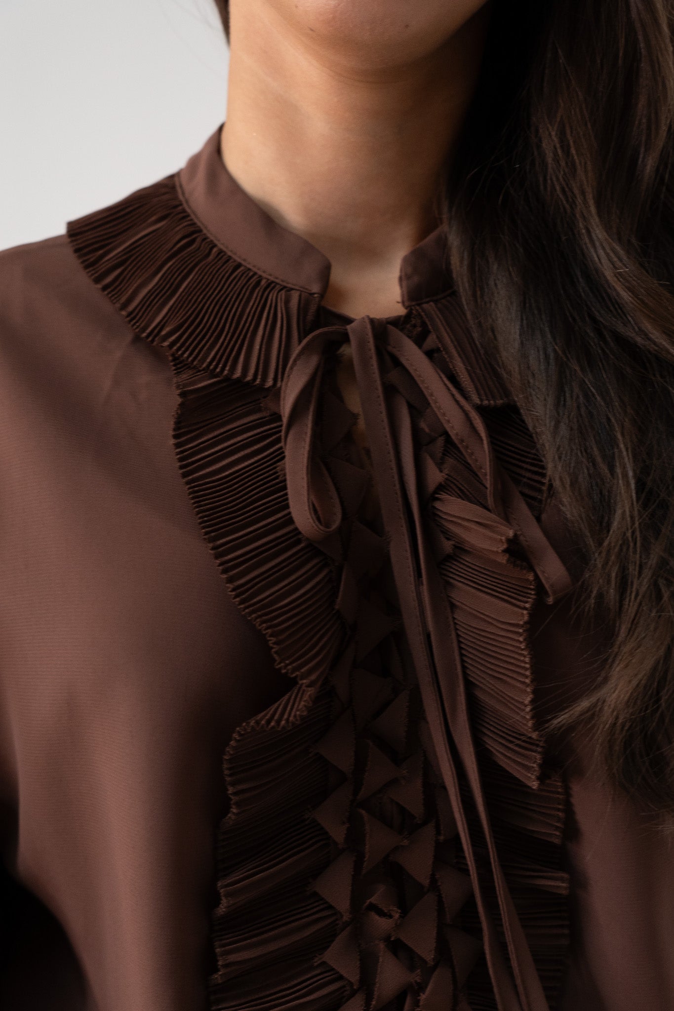 Kendra Tie Neck Ruffle Blouse In Coffee
