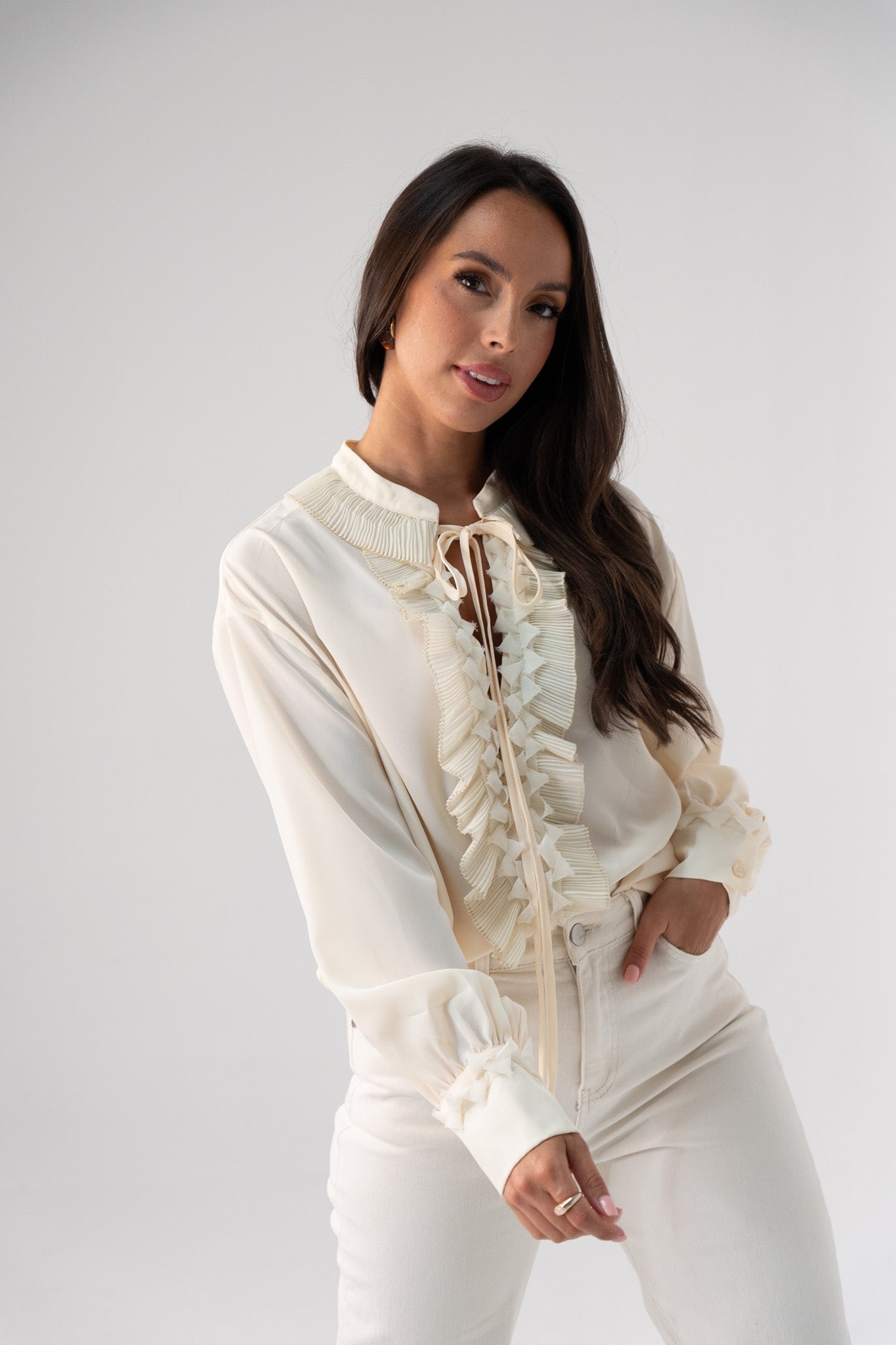 Kendra Tie Neck Ruffle Blouse In Cream