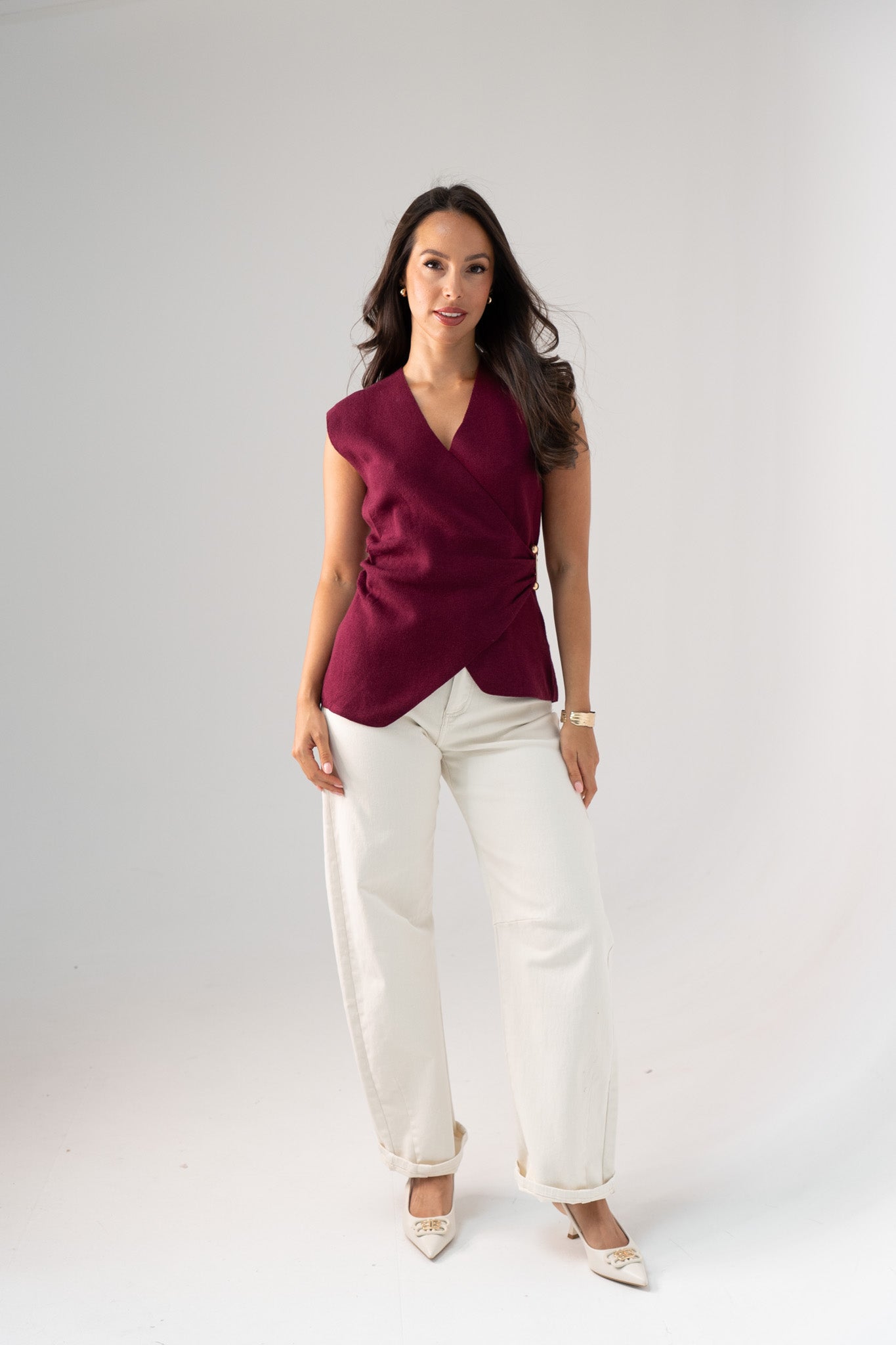 Kendra Wrap Style Waistcoat In Bordeaux