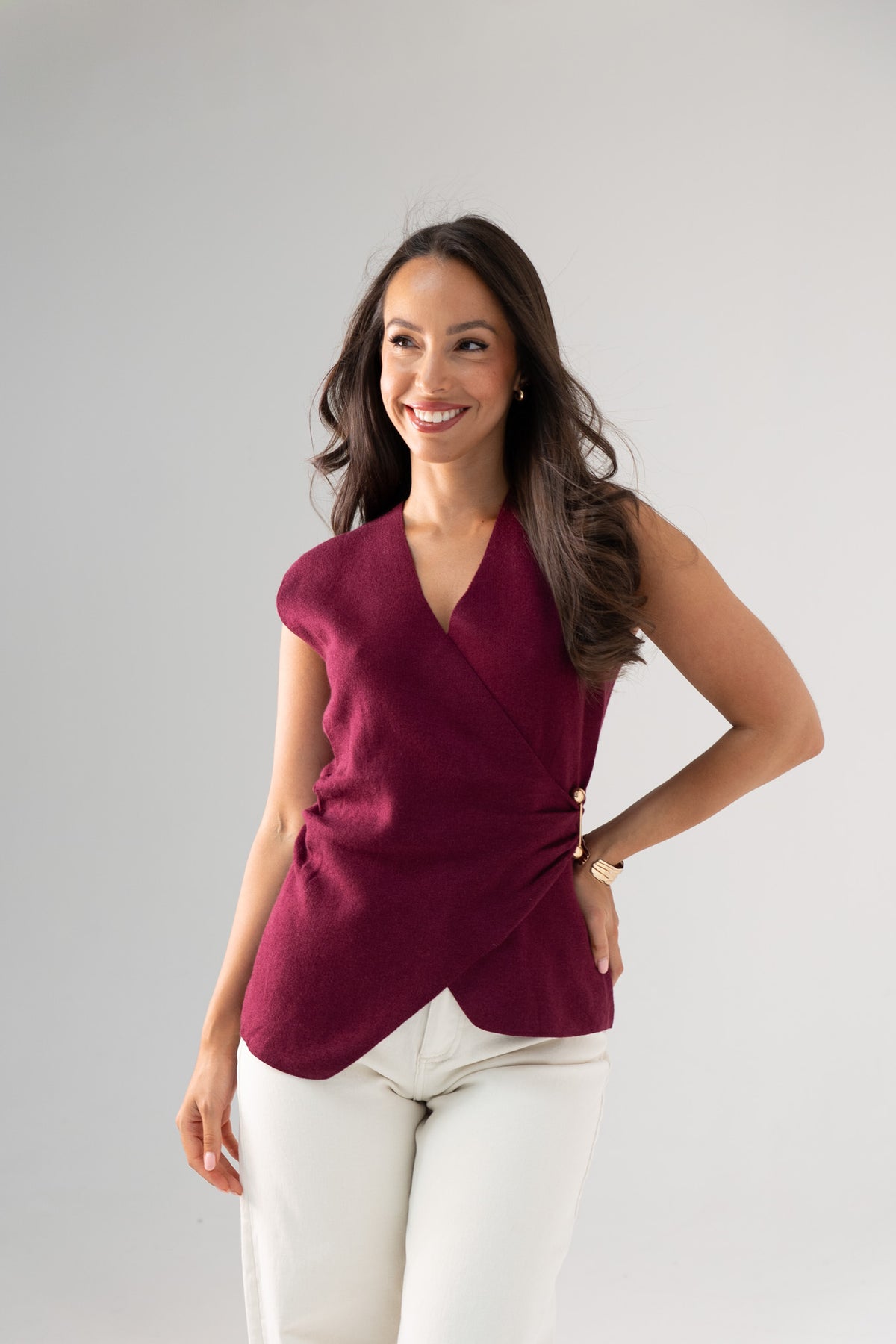 Kendra Wrap Style Waistcoat In Bordeaux