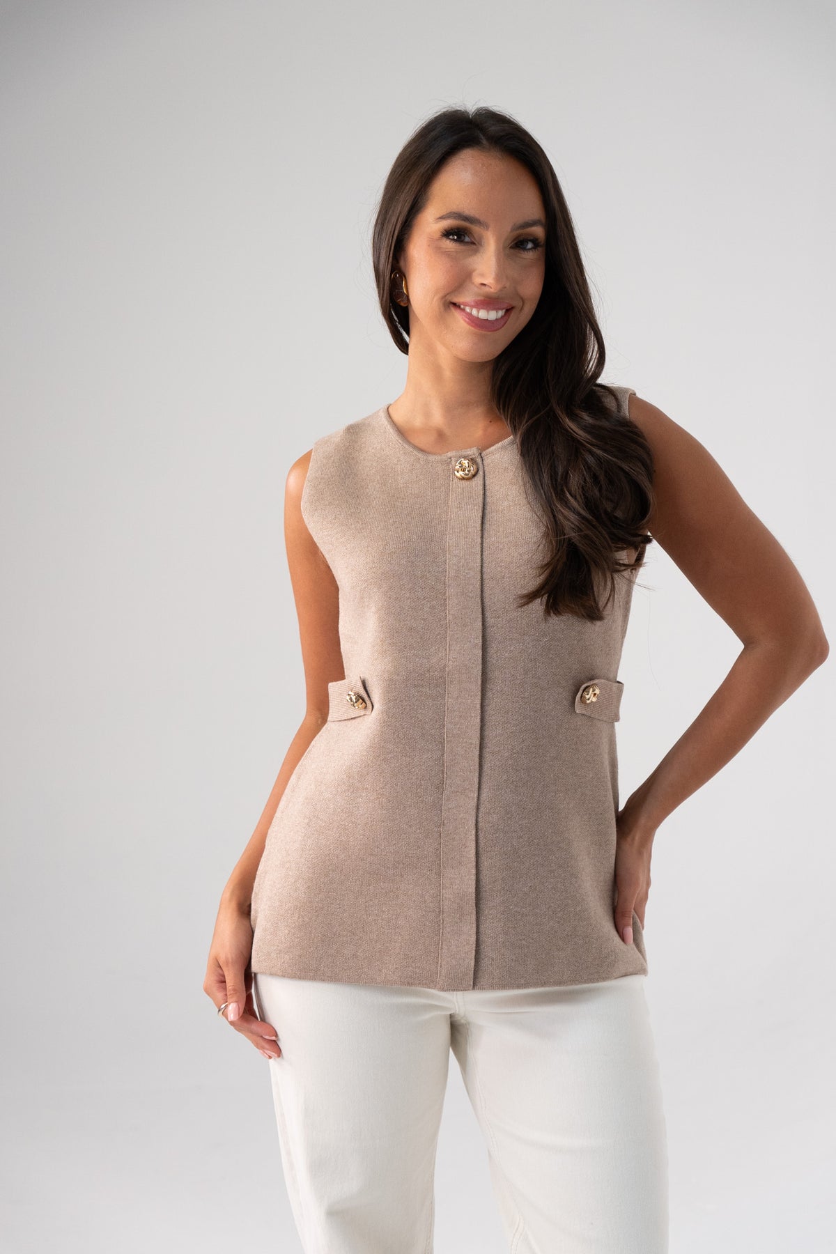 Kendra Button Detail Sleeveless Top In Taupe