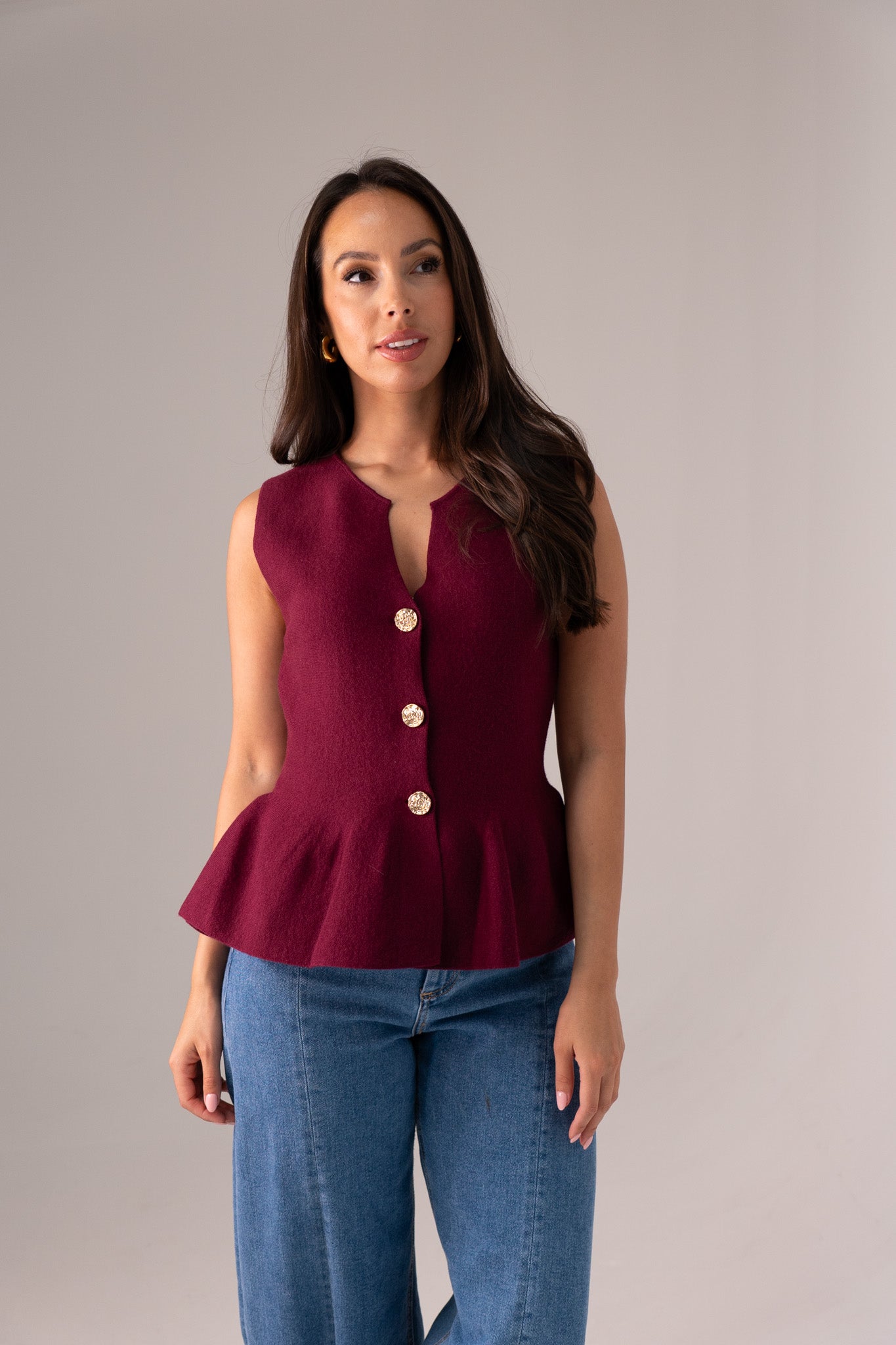 Kendra Peplum Waistcoat In Bordeaux